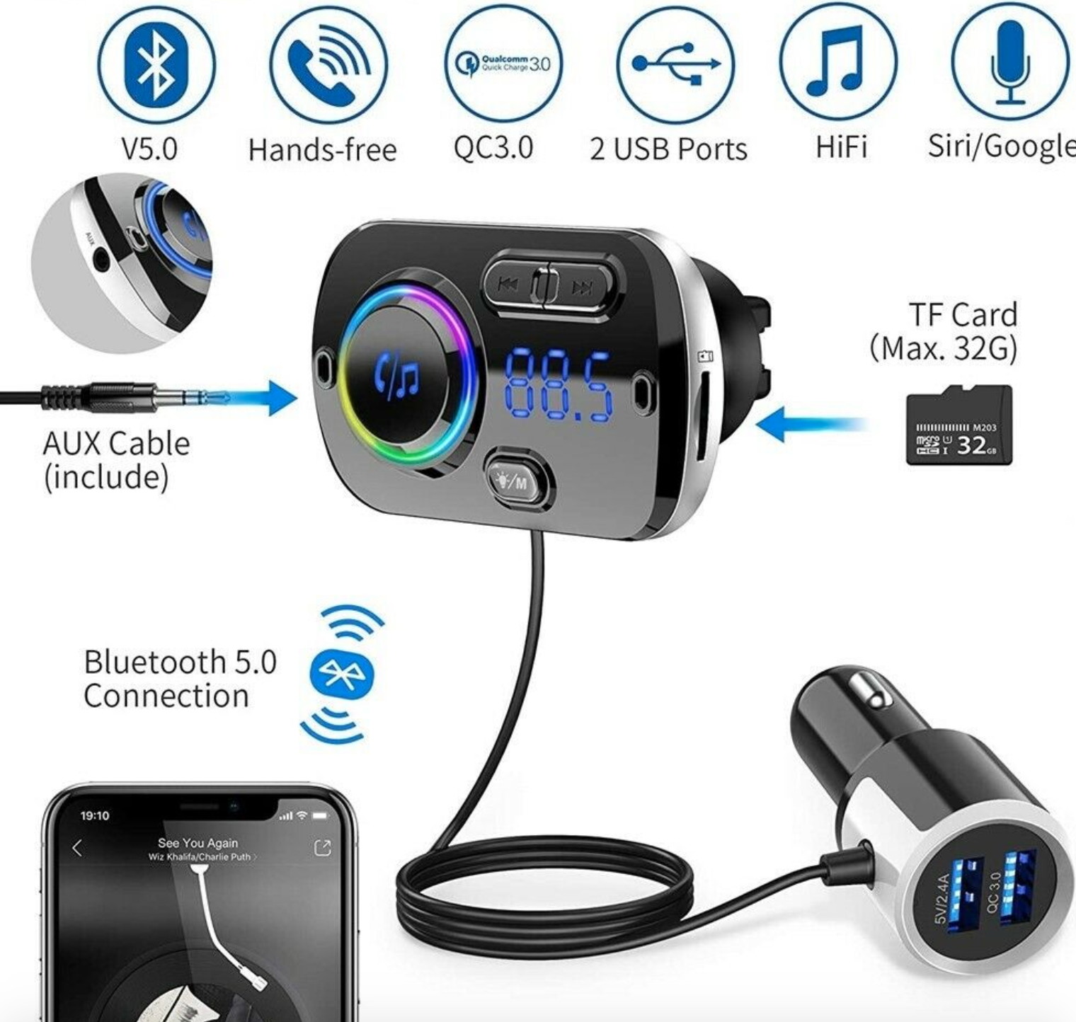 Handsfree Wireless Bluetooth FM Transmitter Car Kit Mp3 Player with USB Charger