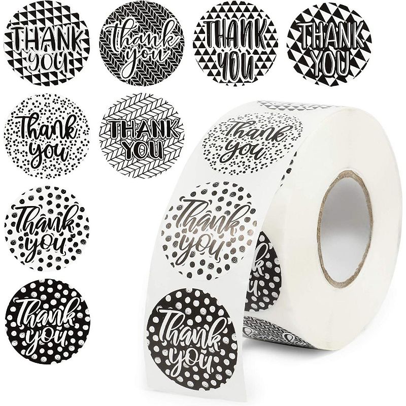 Pipilo Press 1000-Pack Thank You Stickers Roll, Geometric Black and White Dots Design (1.5 in)