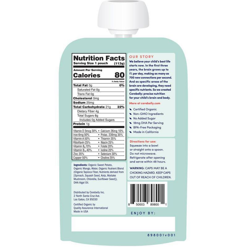 Cerebelly Clean Label Project Purity Award Winning,   Sweet Potato Mango Organic Baby Food Pouch - 4oz