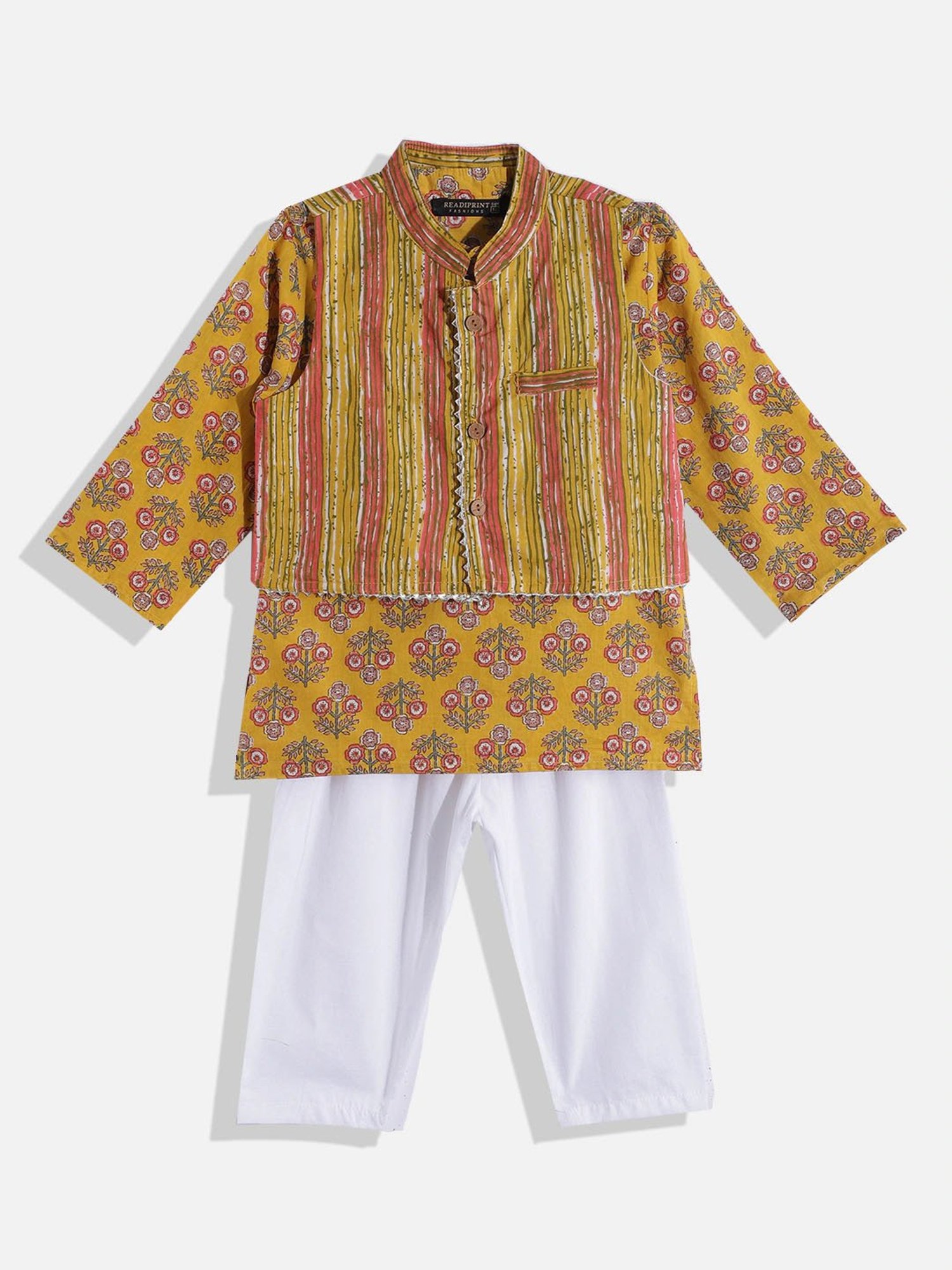 READIPRINT FASHIONS Kids Mustard & White Floral Print Full Sleeves Kurta, Nehru Jacket with Pyjamas