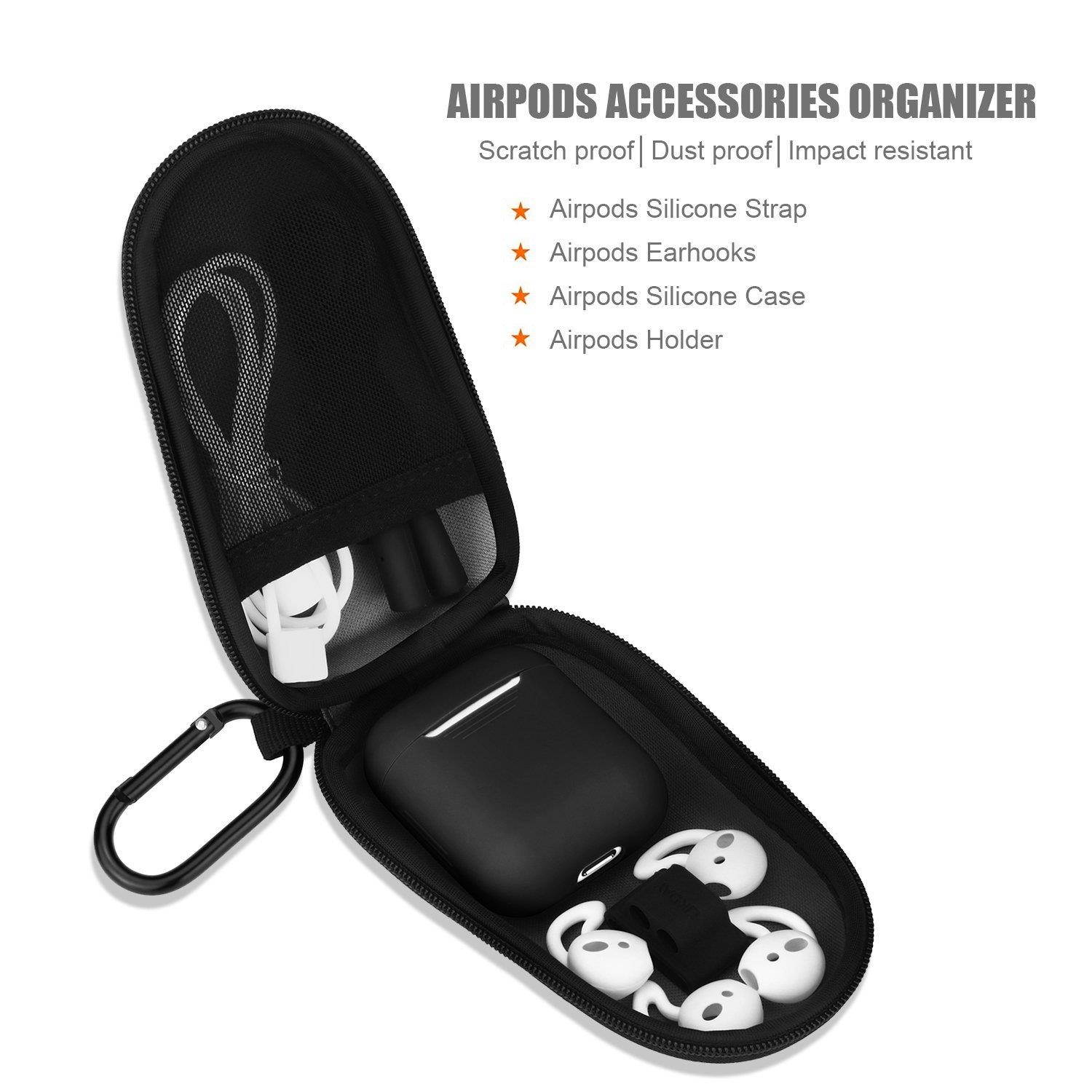 8 in 1 Airpods Accessories Set, Likday Silicone Case Cover Set for Apple Airpods with (Holder, Earhooks, Earphone Case, Strap,EVA Hard Shell Box, Carabiner) (Black Box & Black Case)