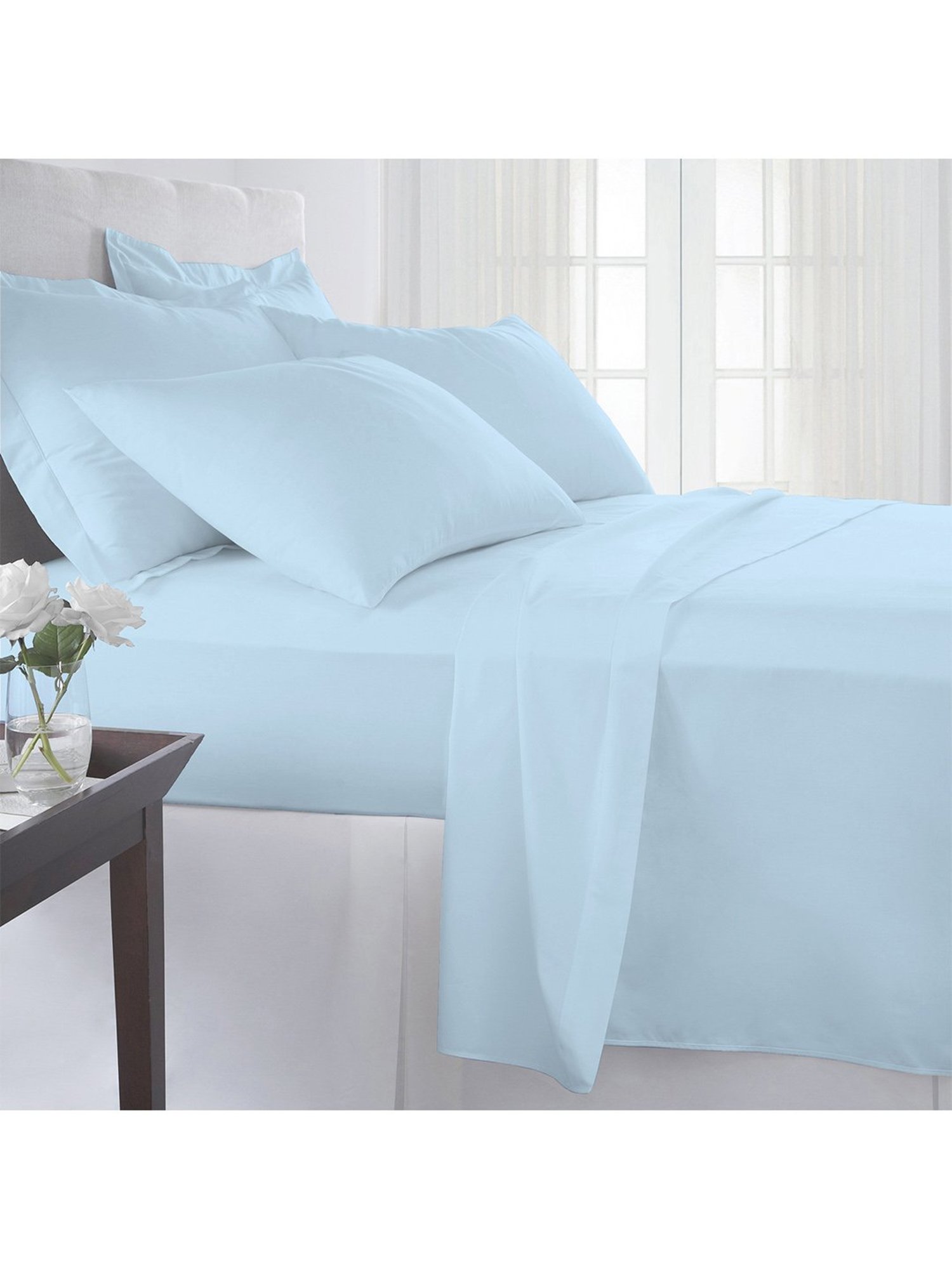 Pizuna Sky Blue 400TC Cotton Fitted Bed Sheet with 2 Pillow Covers
