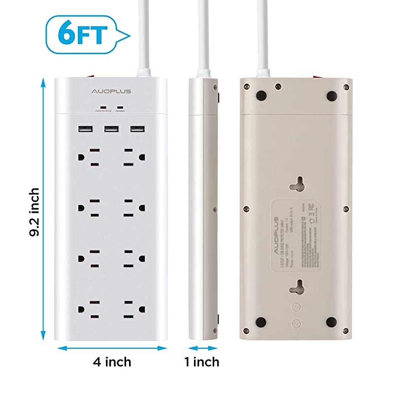 Power Strip with USB,  Surge Protector with 8 Outlets and 3 USB Ports 6Ft Extension Cord Flat Plug/Wall Mountable Grounded, Desktop Charging Station for Computer Laptops Smartphone Home Office