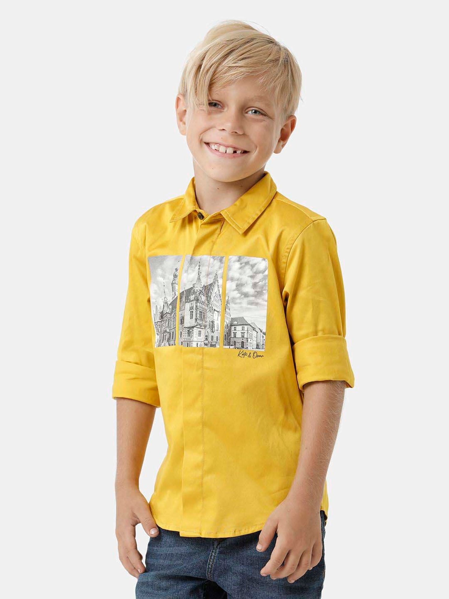 Kate & Oscar Kids Yellow & White Printed Full Sleeves Shirt