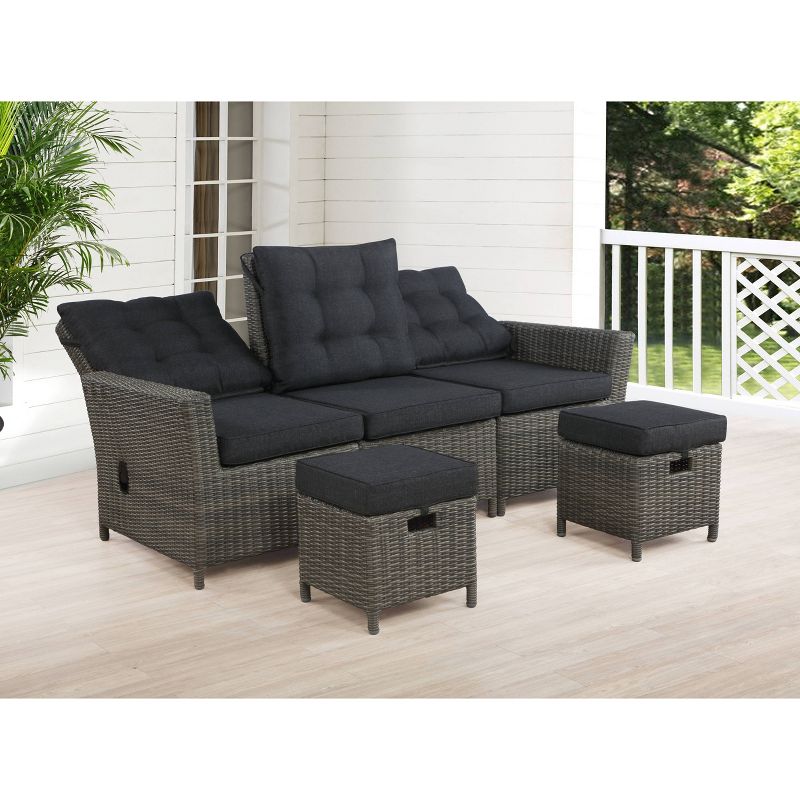 Asti 3pc Wicker Outdoor Seating Set with Reclining Sofa & 2 15" Ottomans - Gray - Alaterre Furniture