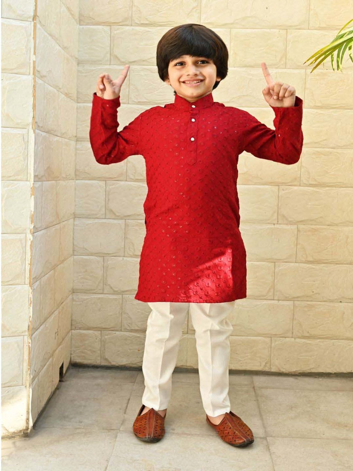 Ahhaaaa Kids Red & White Cotton Embroidered Full Sleeves Kurta Set