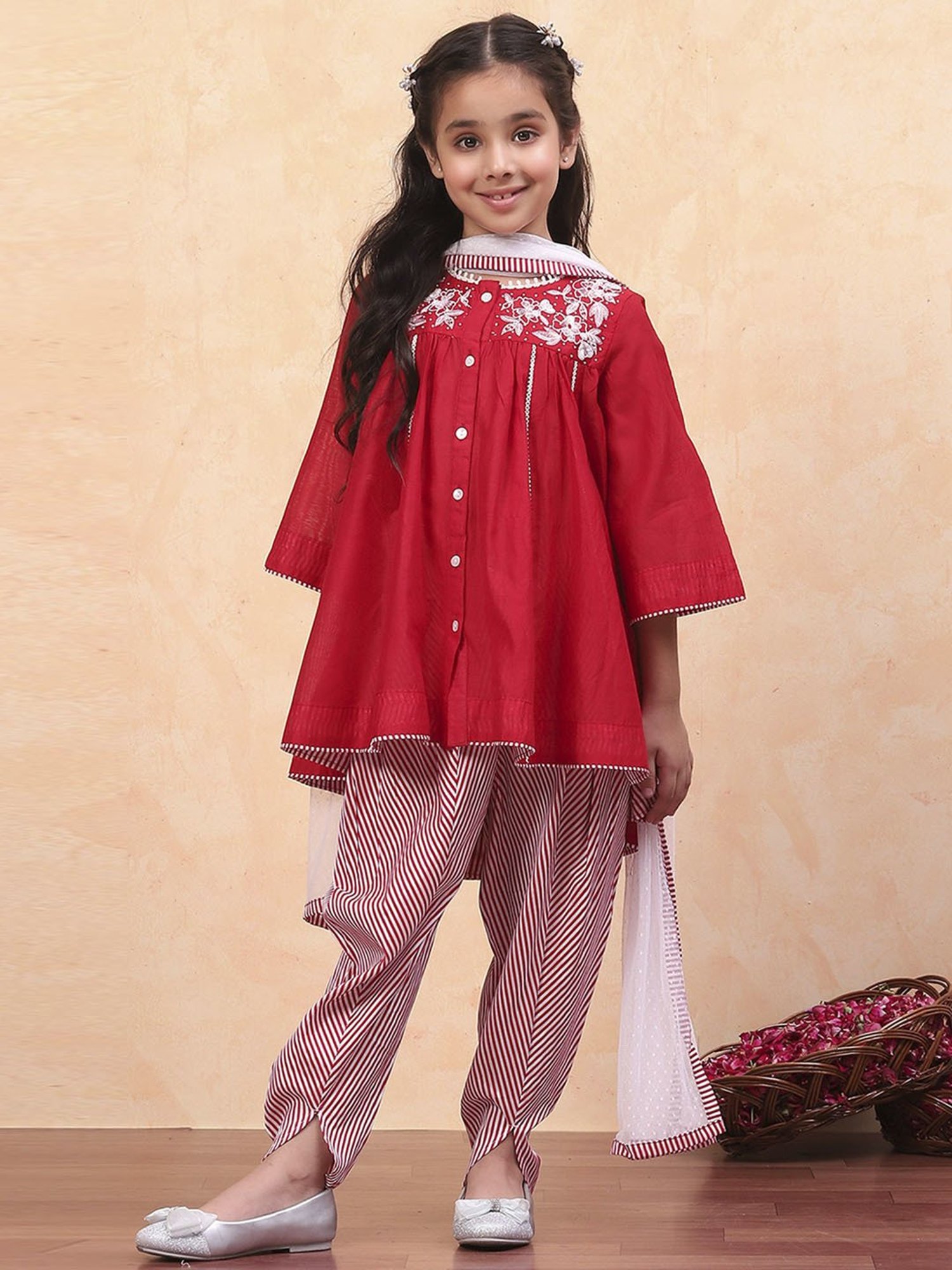 Biba Girls Red Embroidered Suit Sets