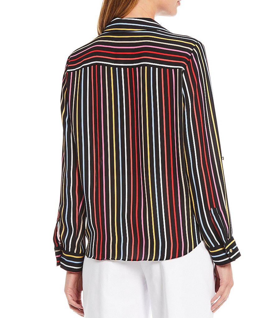 Investments Long Sleeve Point Collar Neck Tie-Front Black Spring Stripe Top