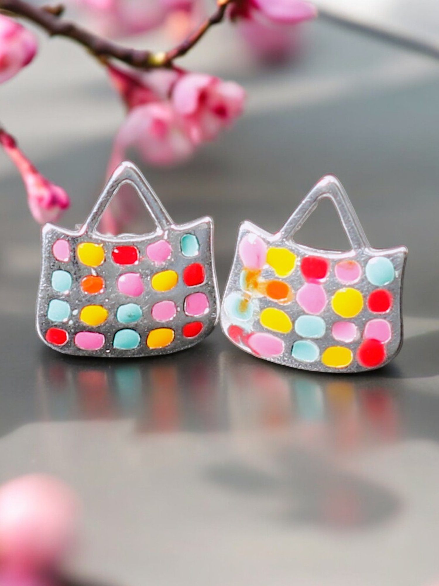 Taraash 925 Sterling Silver Colorful Bag Earrings for Kids & Girls - Multi-Colored Silver Finish