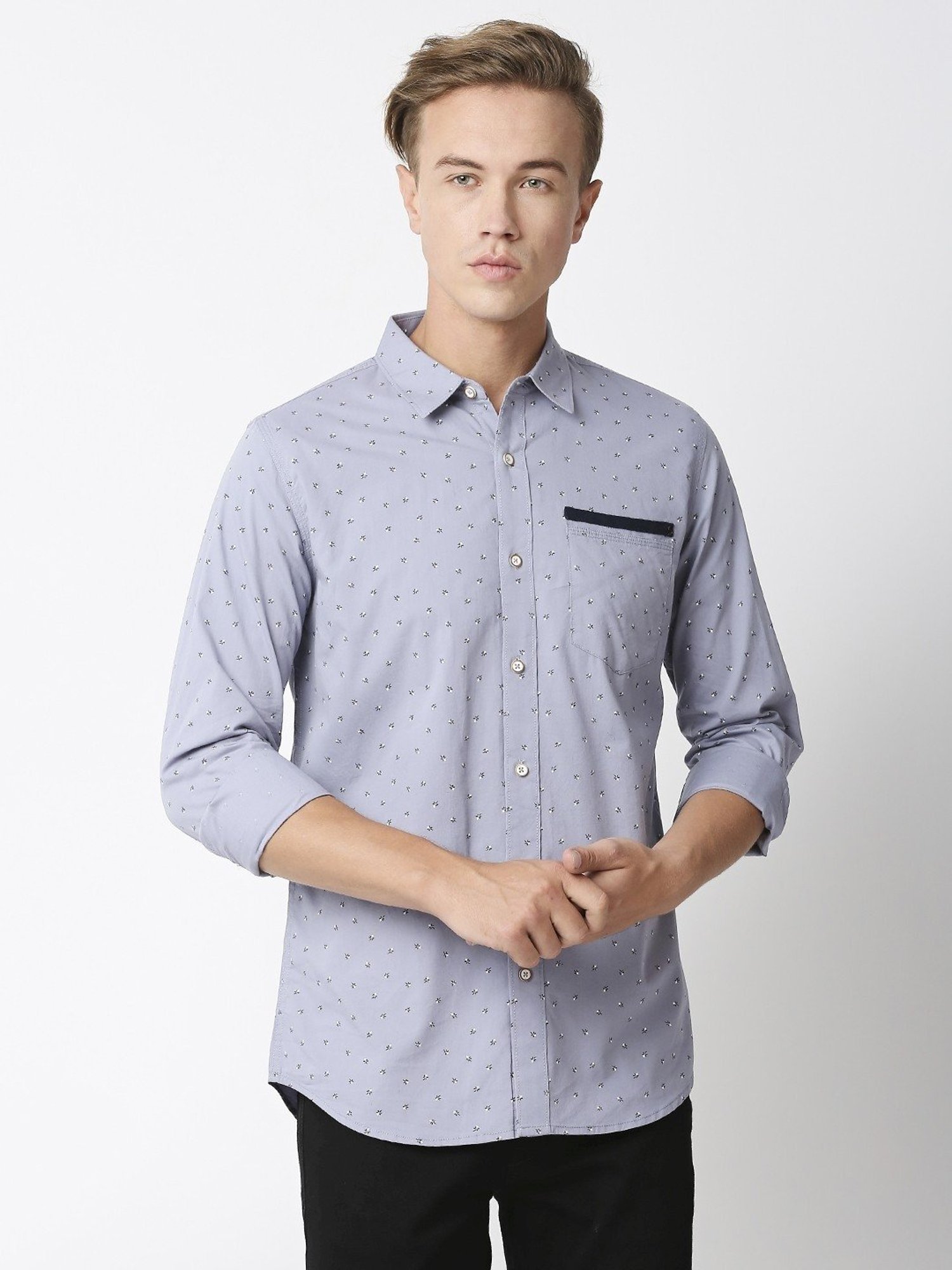 Solemio Grey Slim Fit Printed Shirt