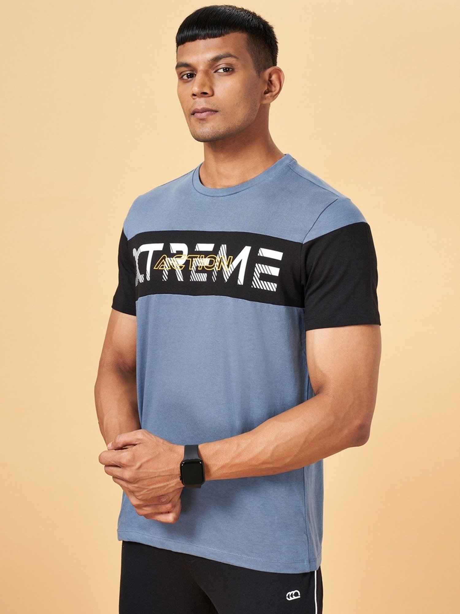 Ajile by Pantaloons Powder Blue & Black Slim Fit Printed T-Shirt