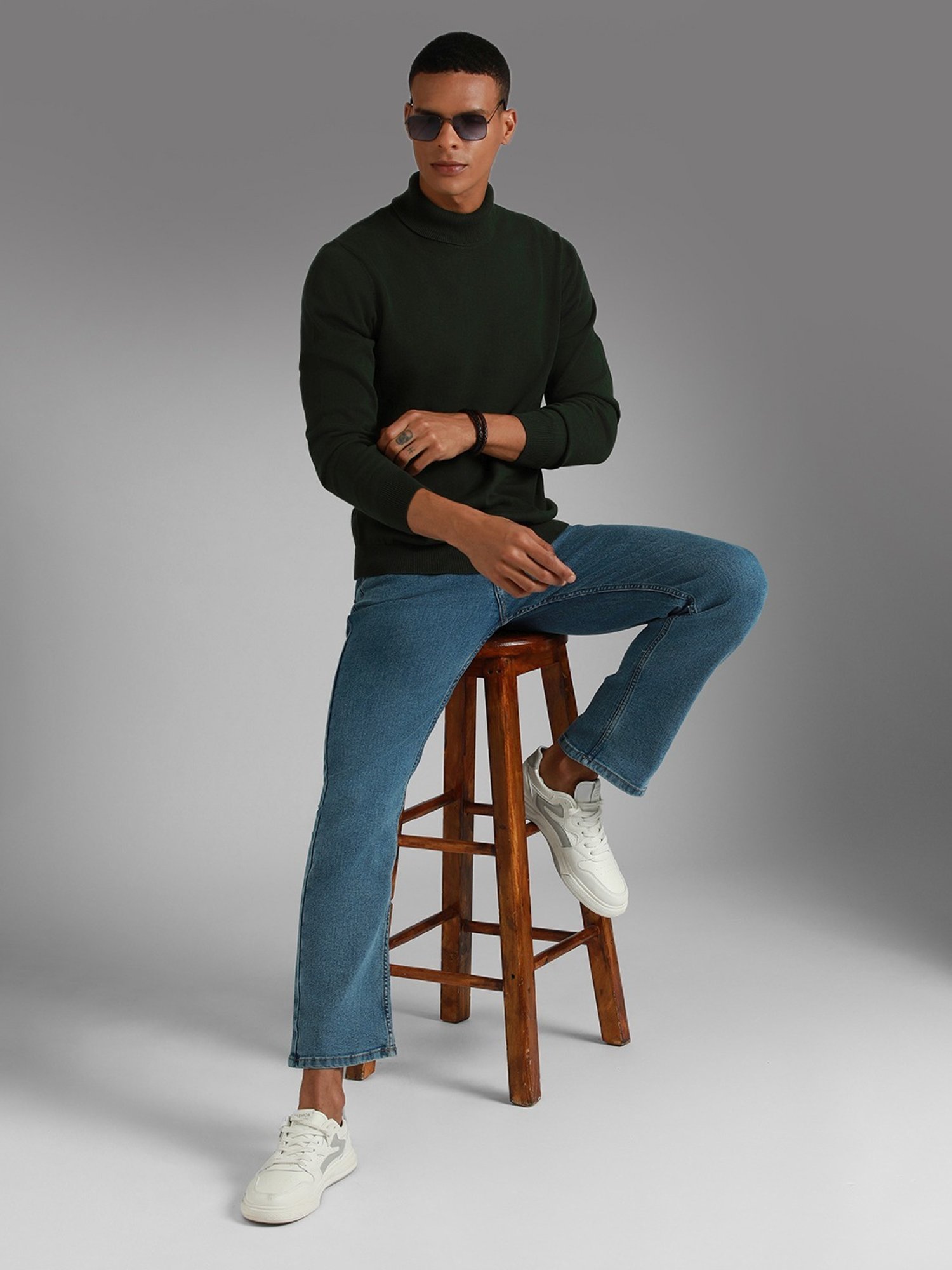 High Star Green Cotton Regular Fit Sweater