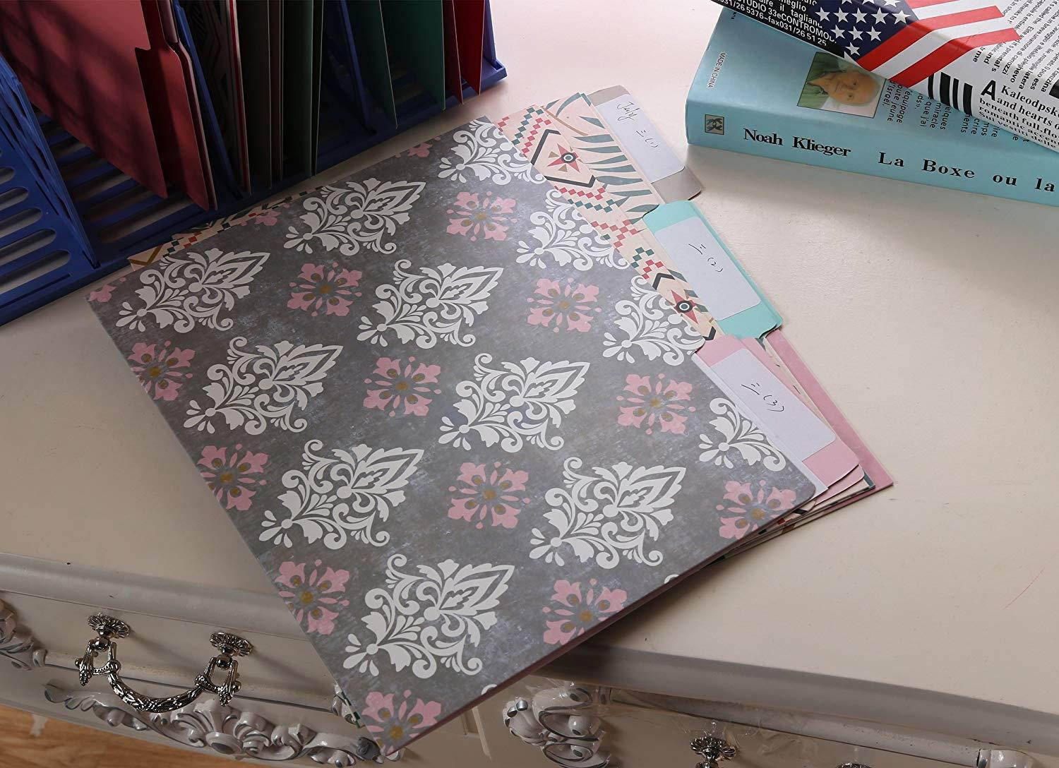 Decorative File Folders - 12-Count Colored File Folders Letter Size, 1/3-Cut Tabs, Includes 6 Cute Bohemian Tribal Design and 6 Solid Colors, Office Supplies File Filing Organizers, 9.5 x 11.5 Inches
