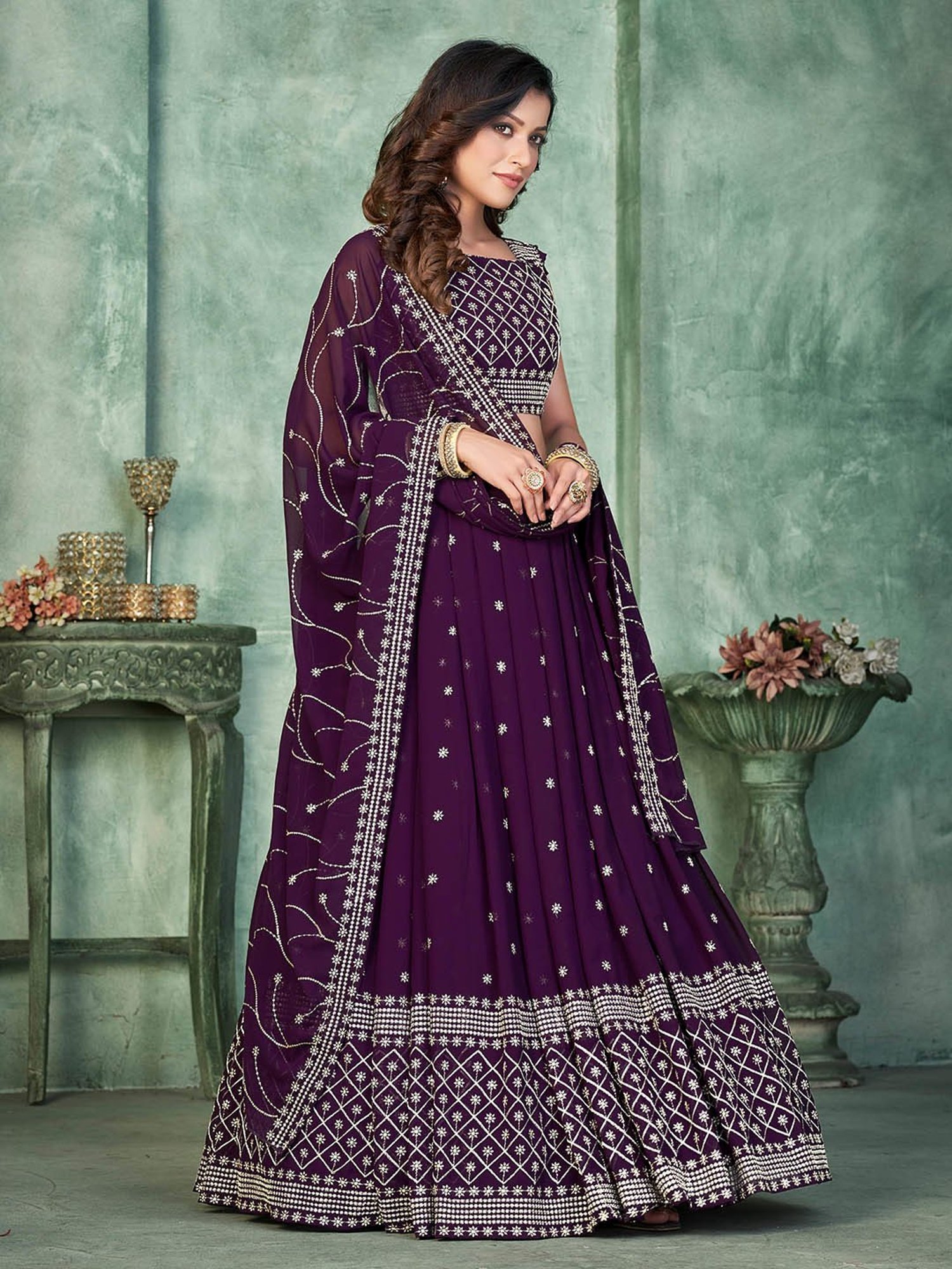 Warthy Ent Purple Embroidered Lehenga Choli Set With Dupatta