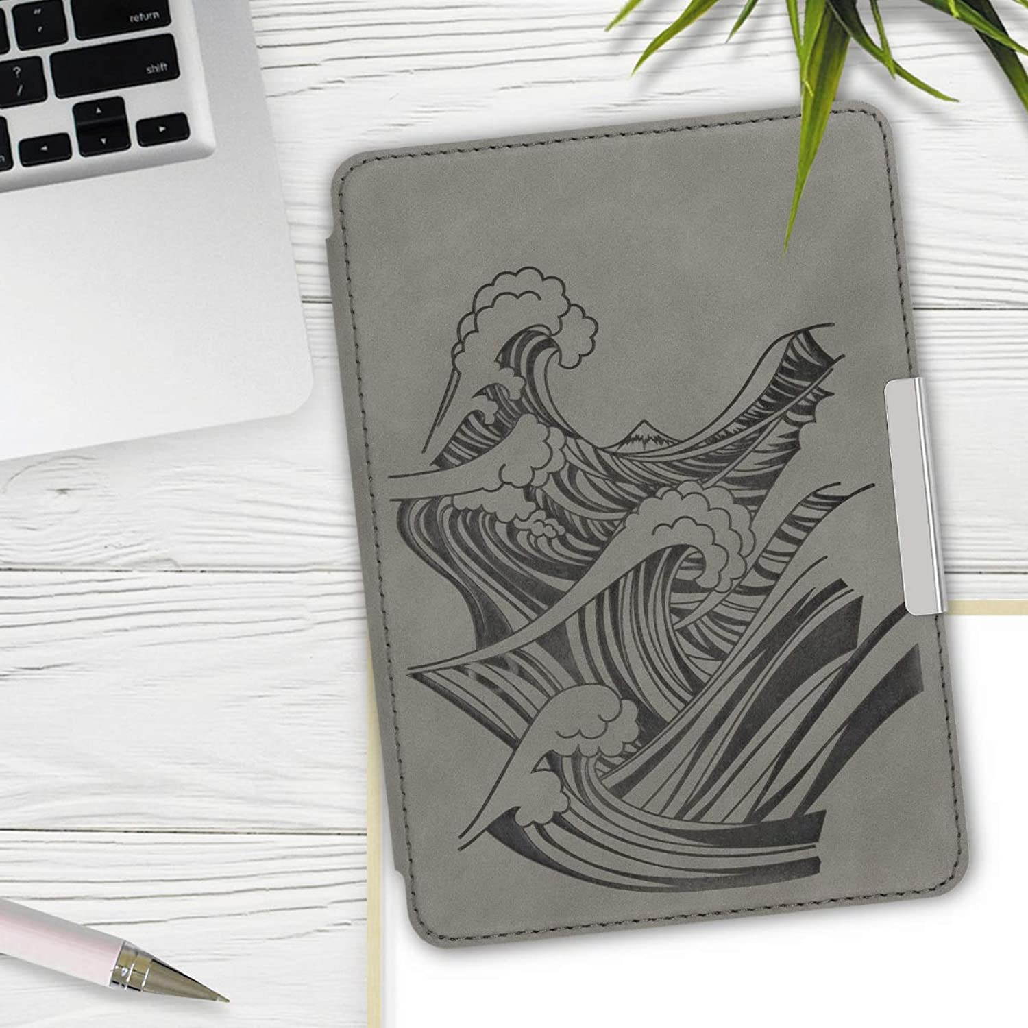 kwmobile Case Compatible with Amazon Kindle Paperwhite (10. Gen - 2018) - PU Nubuck Leather Protective e-Reader Flip Case Cover - Waves Grey