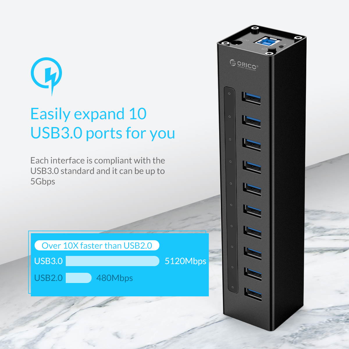 ORICO Aluminum 10Ports USB 3.0 HUB with 3.3Ft. USB 3.0 Data Cable and 12V/3A Power Supply for Macbook,PC,Laptops (HUB is not a Charger,Data transfer Only)- Silver (A3H10-V1-US)