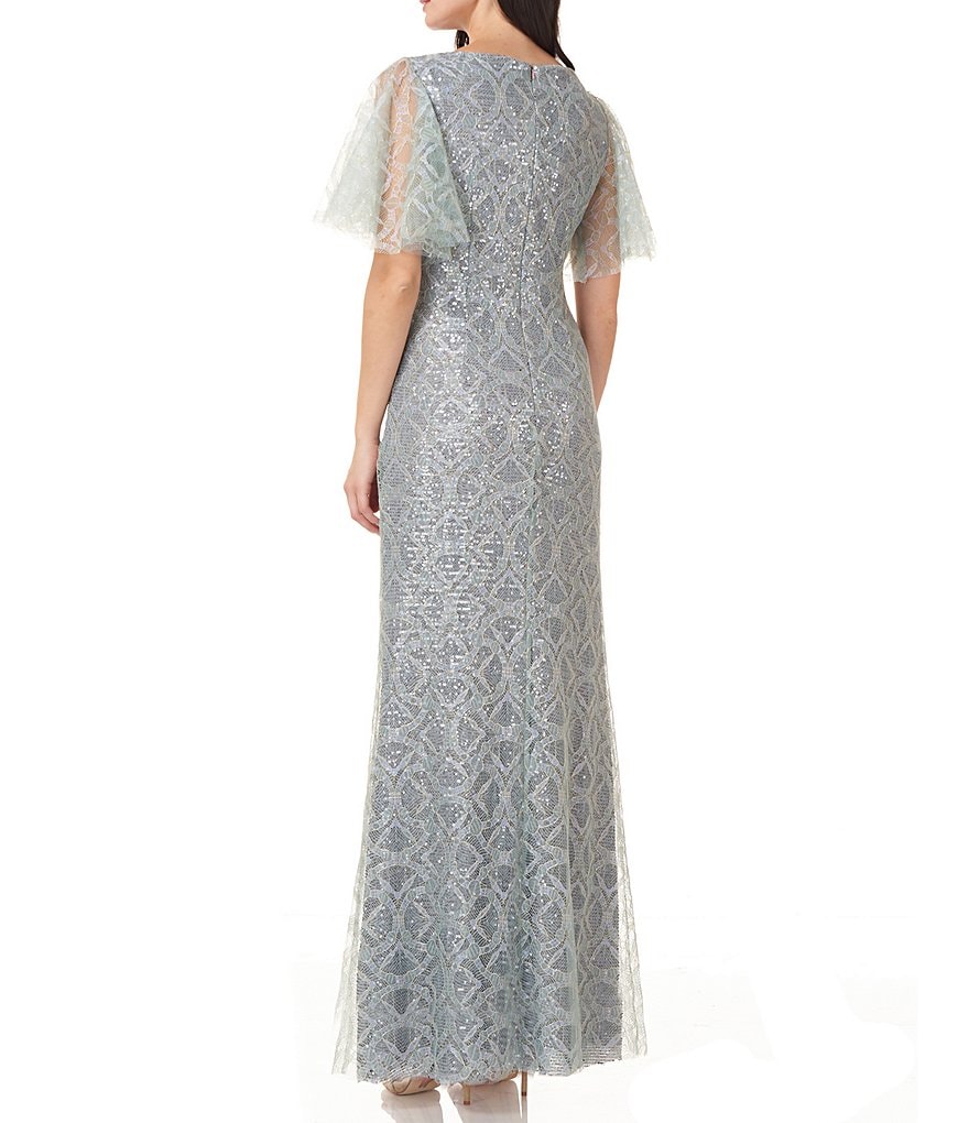 JS Collections Sequin Flutter Short Sleeve Mermaid Gown