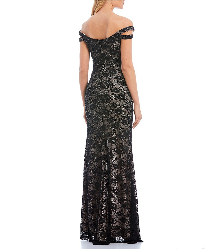 Teeze Me Off-the-Shoulder High Side Slit Two-Toned Lace Long Dress