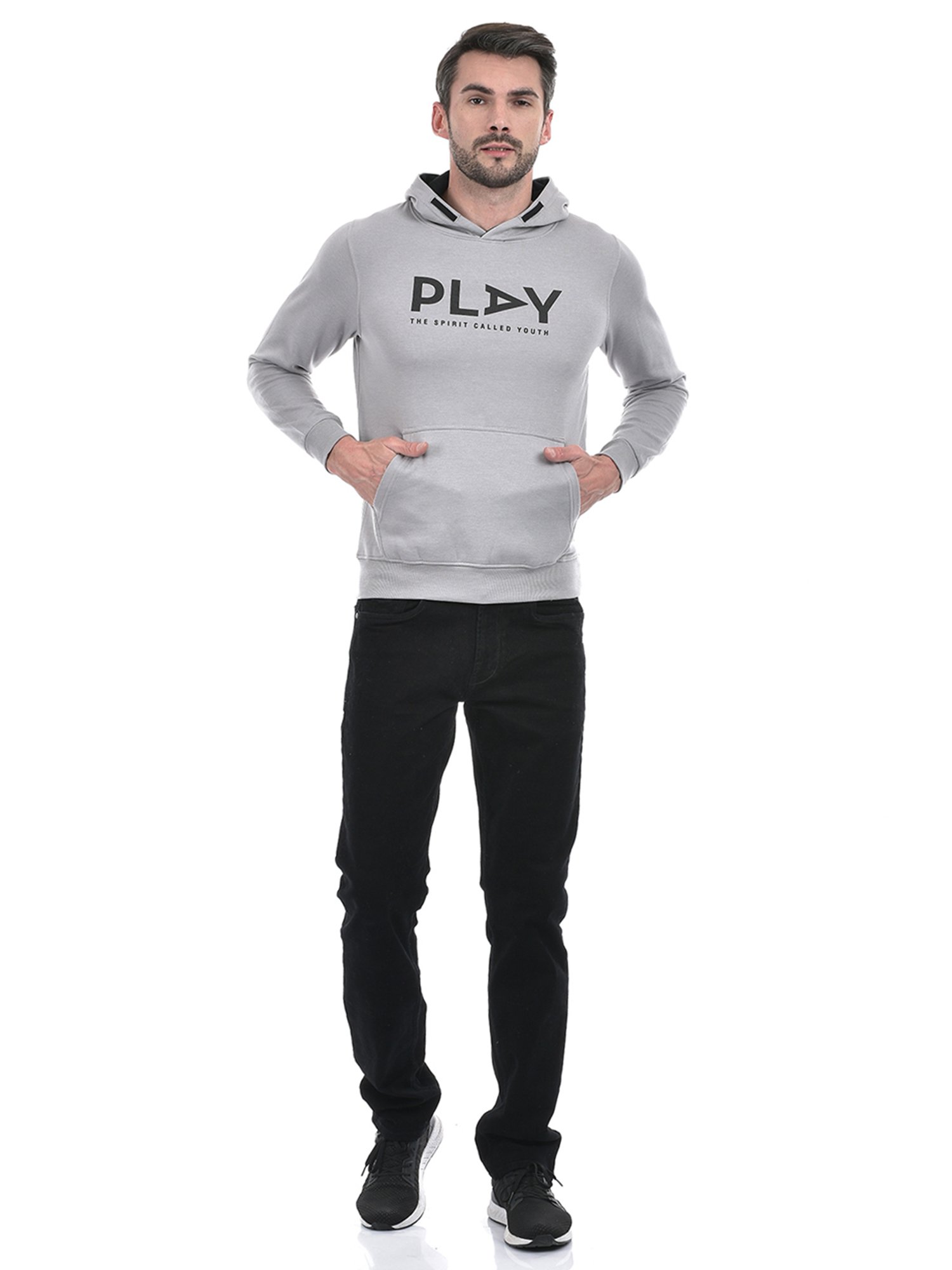 Integriti Grey Melange Regular Fit Printed Hooded Sweatshirt