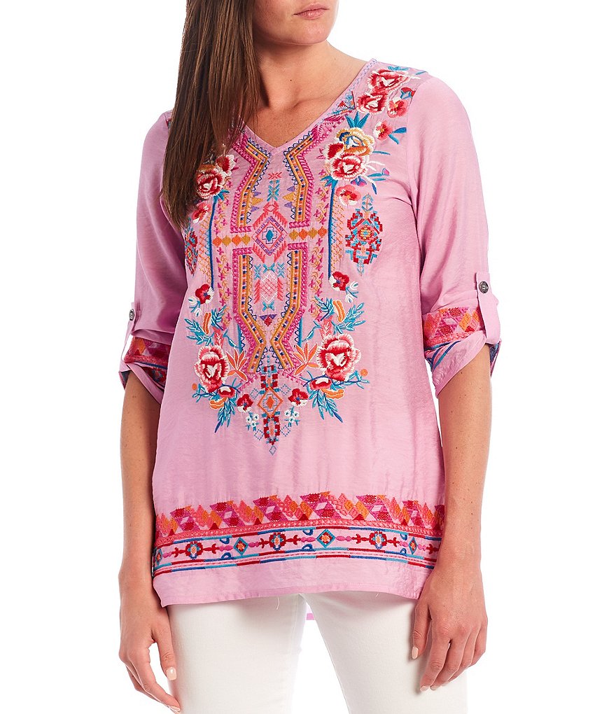 Calessa Border Floral Embroidery V-Neck Tunic