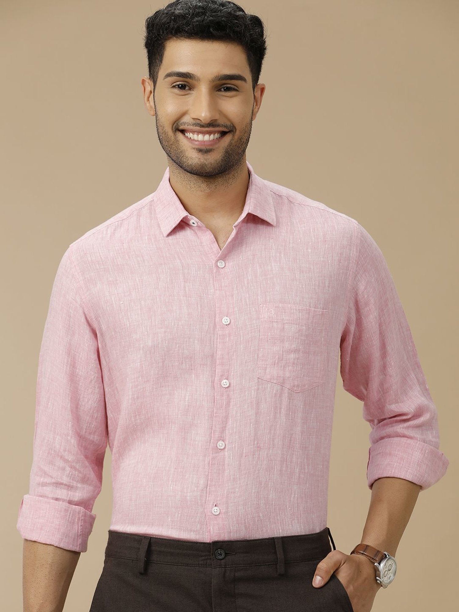 Linen Club Pink Linen Contemporary Fit Texture Shirt