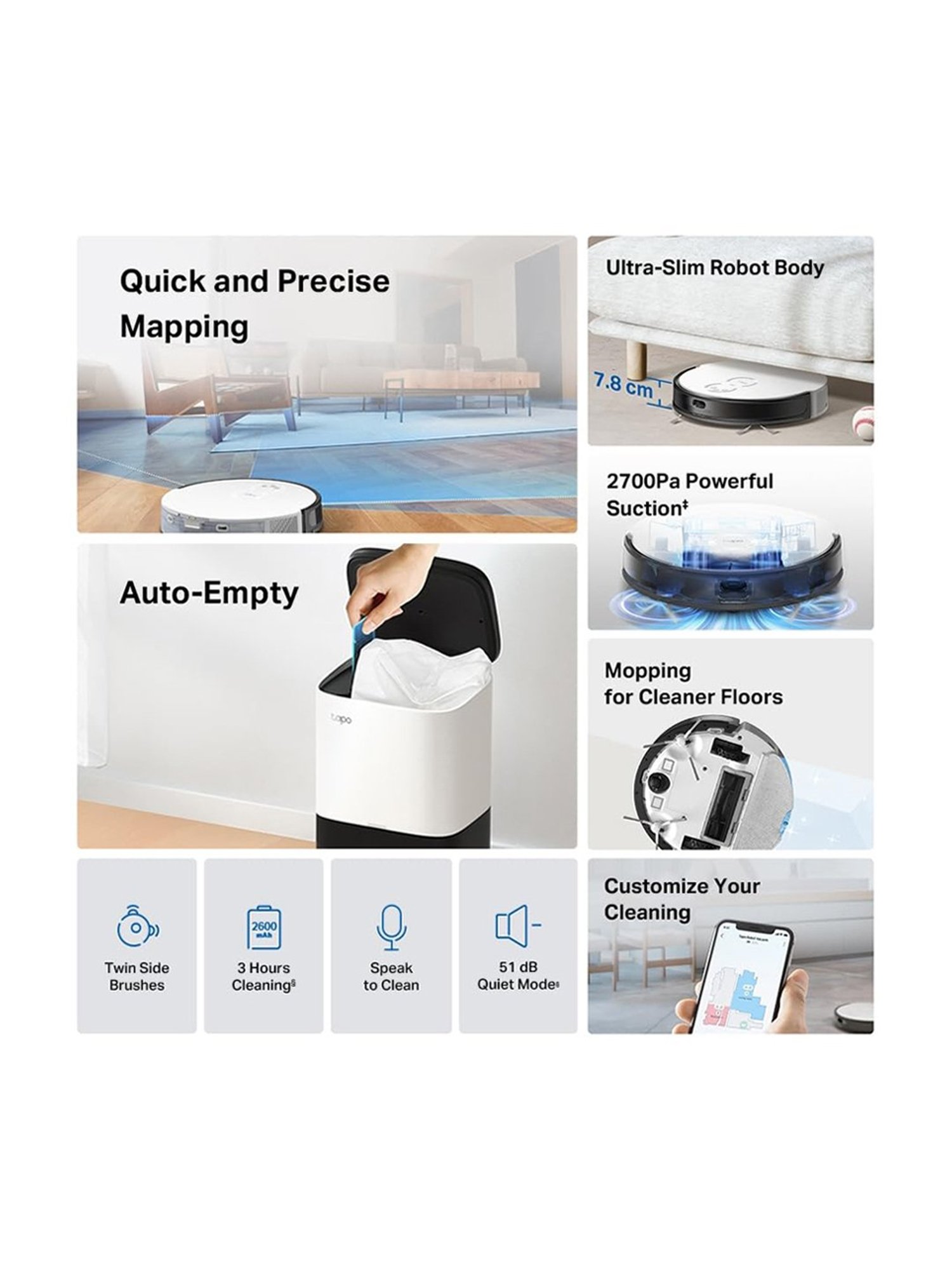 TP-Link Tapo RV20 Mop Plus MagSlim LiDAR Gyroscope Navigation Robot Vacuum (Black & White)