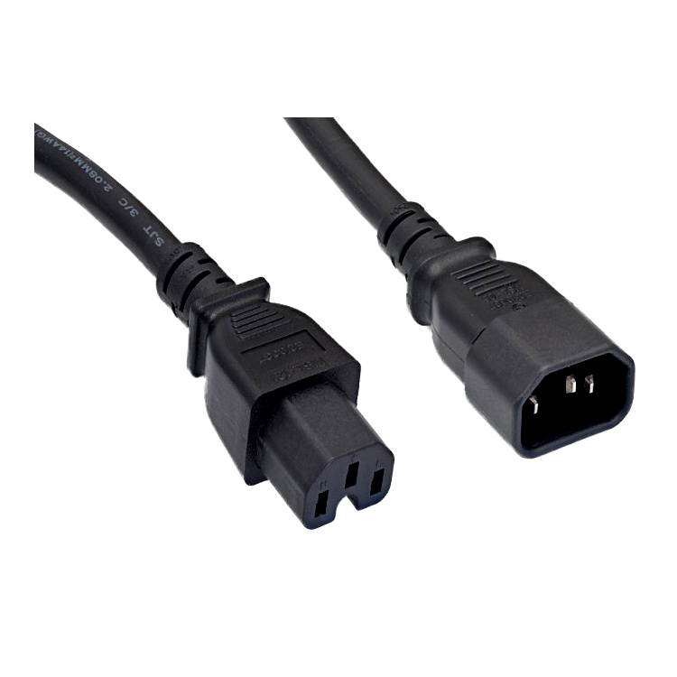 Power Cord, C14 to C15 , 14AWG, 15 Amp, UL SJT, Black, 15 foot
