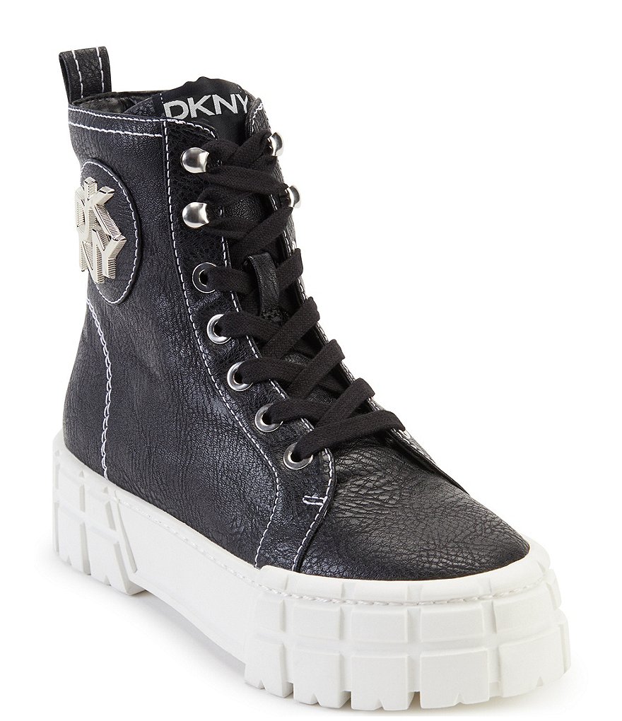 DKNY Peri High Top Leather Lace-Up Platform Lug Sole Sneakers