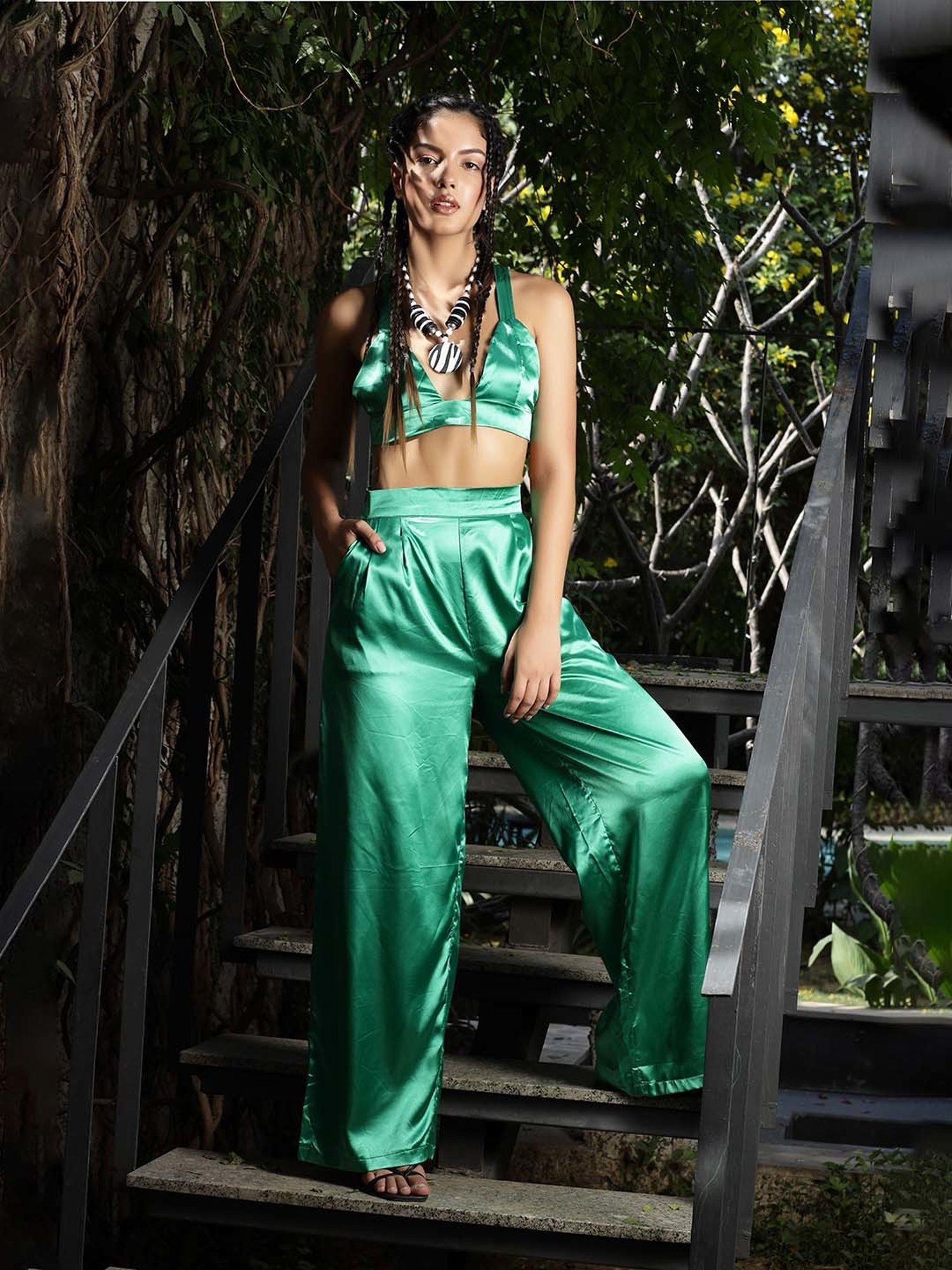 PRIZO Green Crop Top With Trousers