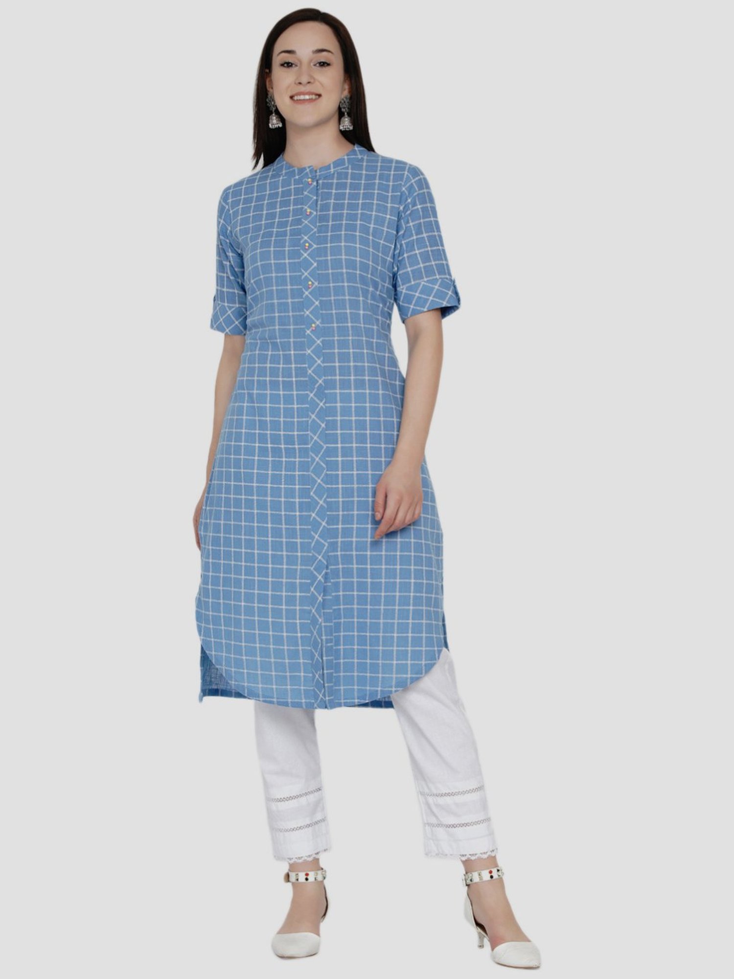 Women Republic Blue & White Cotton Chequered Kurta Pant Set