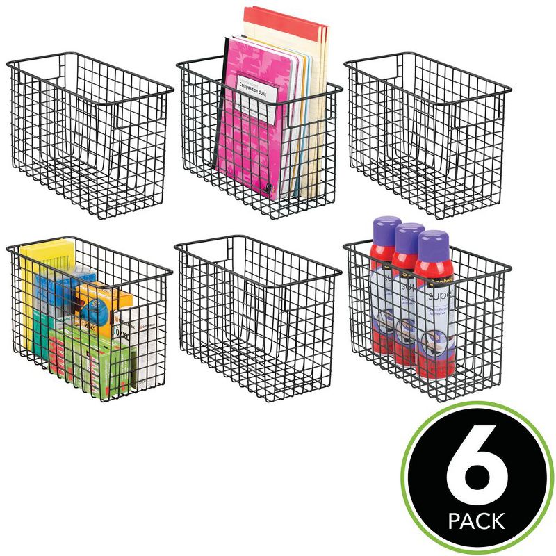 mDesign Metal Storage Basket Bin with Handles for Home Office - 6 Pack -Black