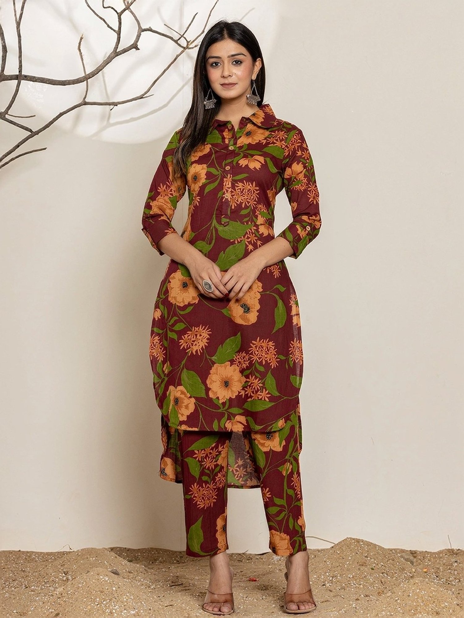 Yufta Maroon Cotton Printed Tunic Pants Sets