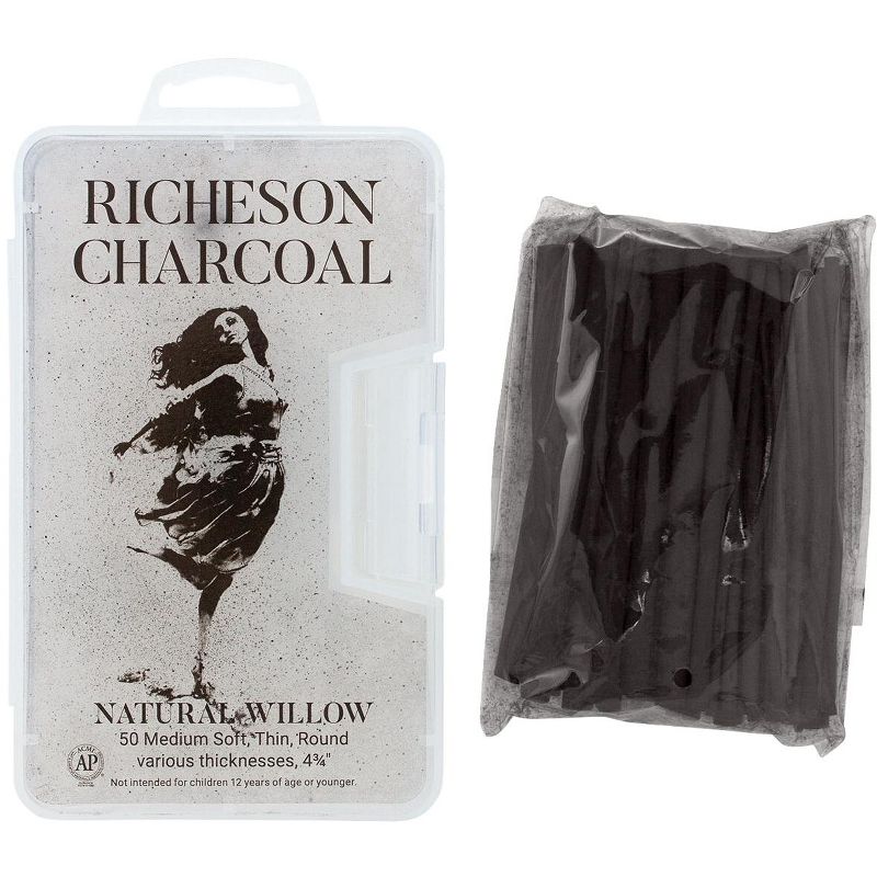Richeson Natural Willow Non-Toxic Medium Soft Round Thin Charcoal Stick, 4-3/8  in, Black, pk of 50