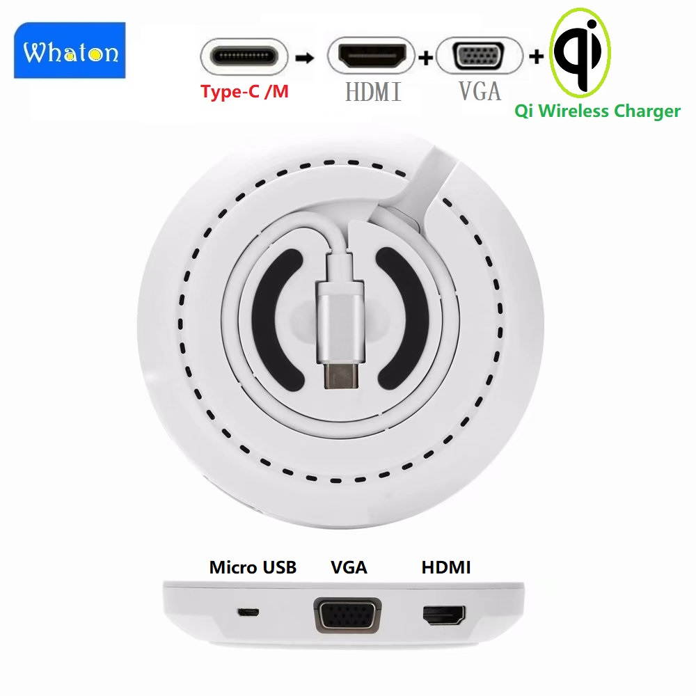 Type-C to HDMI VGA 1080p HD Video Converter Charging Pad with 10W  Qi Wireless Charger,  10W Qi Charging Dock with USB-C  HDMI / VGA Video Adapter.