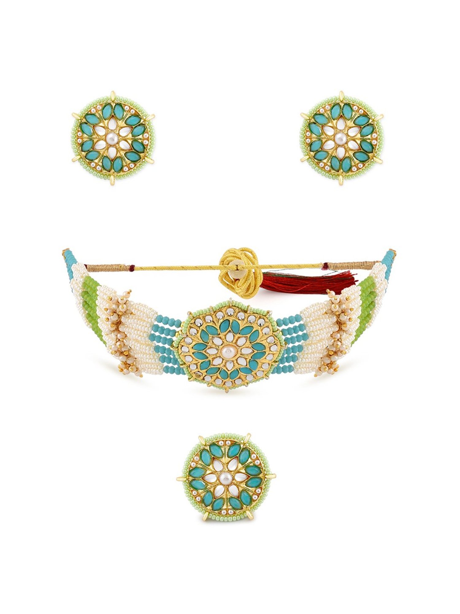Zaveri Pearls Turquoise Blue & Green Beads Kundan Pearls Choker Necklace Earring Ring Set-ZPFK11070