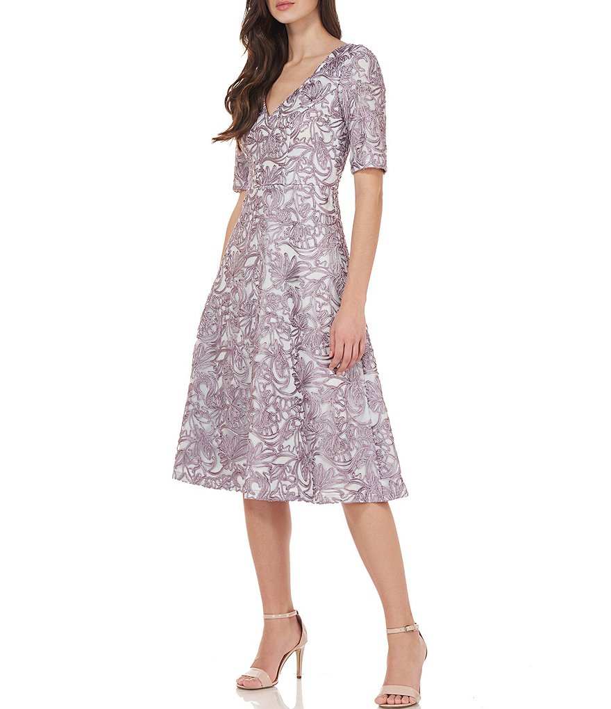 JS Collections Hazel Lace Fit & Flare Short Sleeve V-Neck Midi Dress