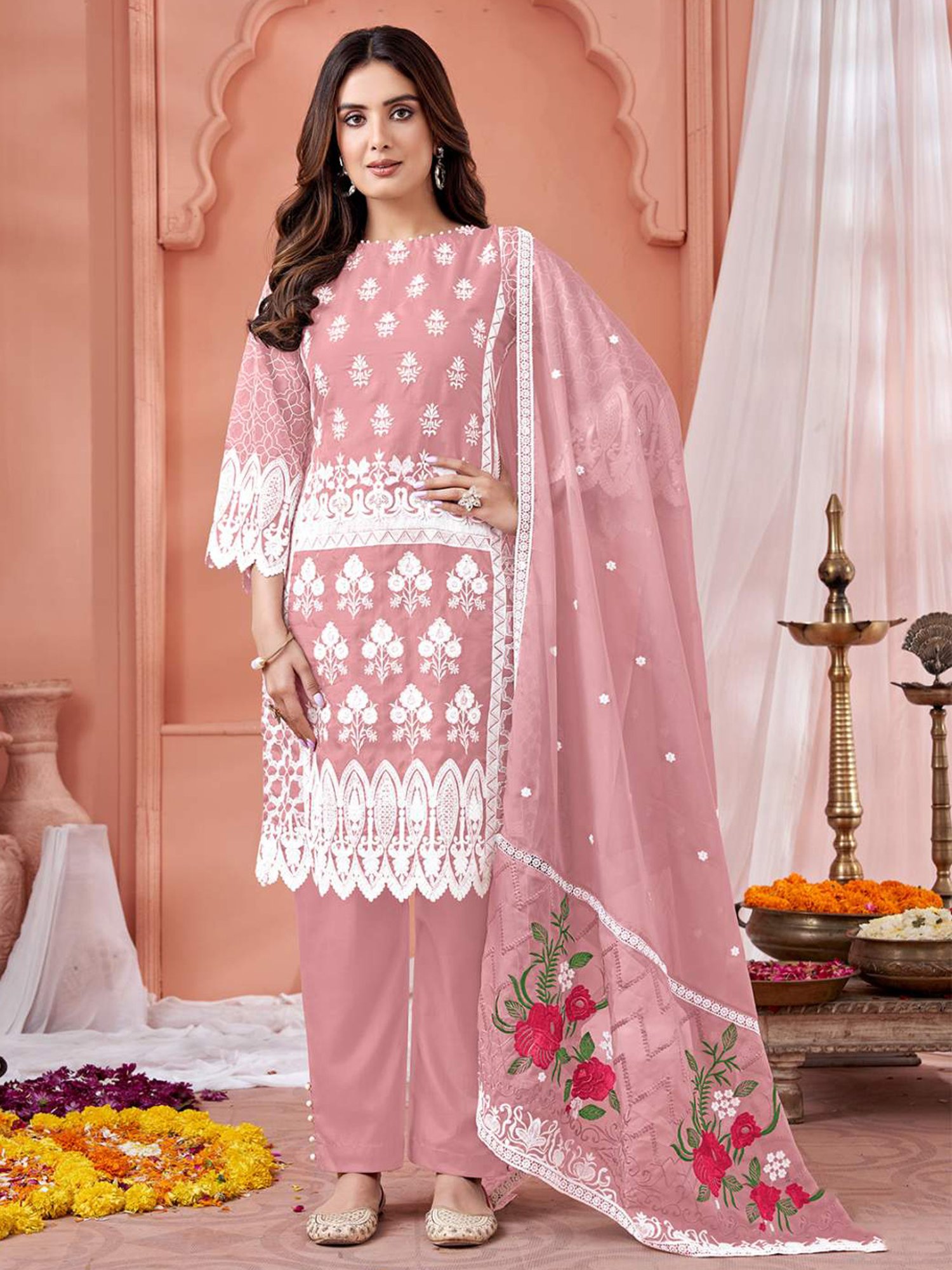 Odette Peach Embroidered Unstitched Dress Material