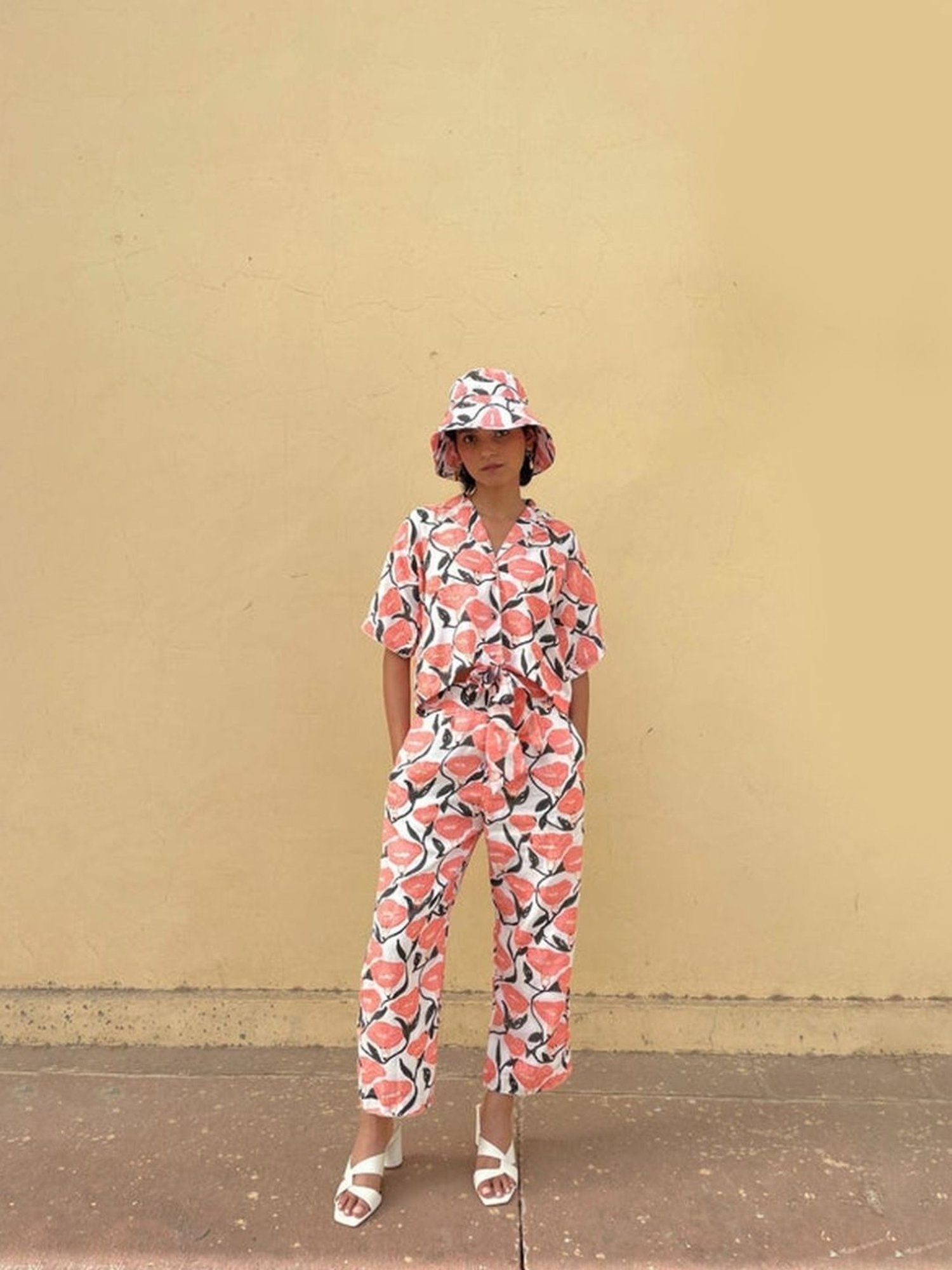 Khajoor Studio White & Pink Bageecha Outlined Florals Resort Shirt with Pant