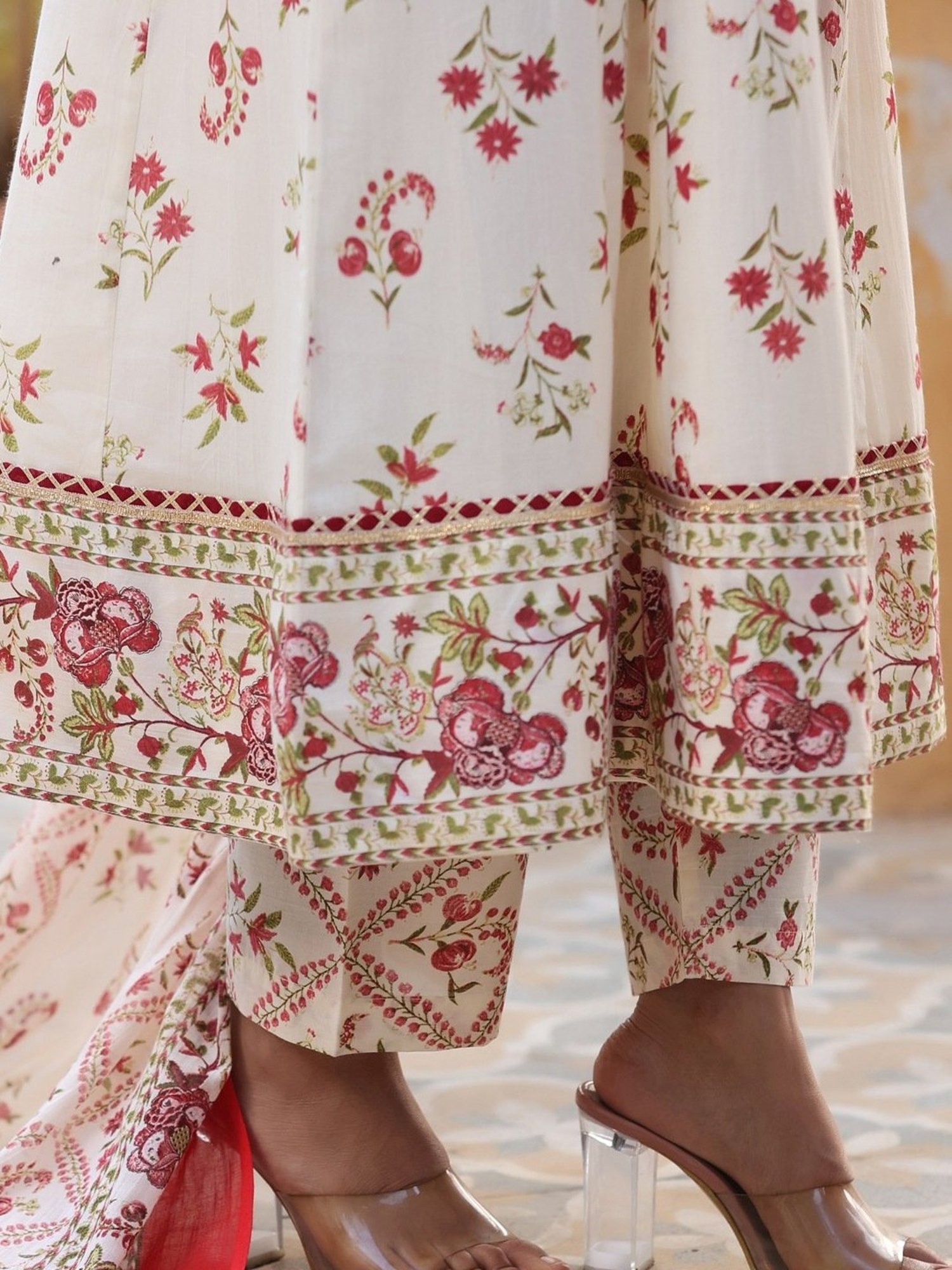 Rain and Rainbow Off-White Cotton Printed Kurta Pant Set With Dupatta