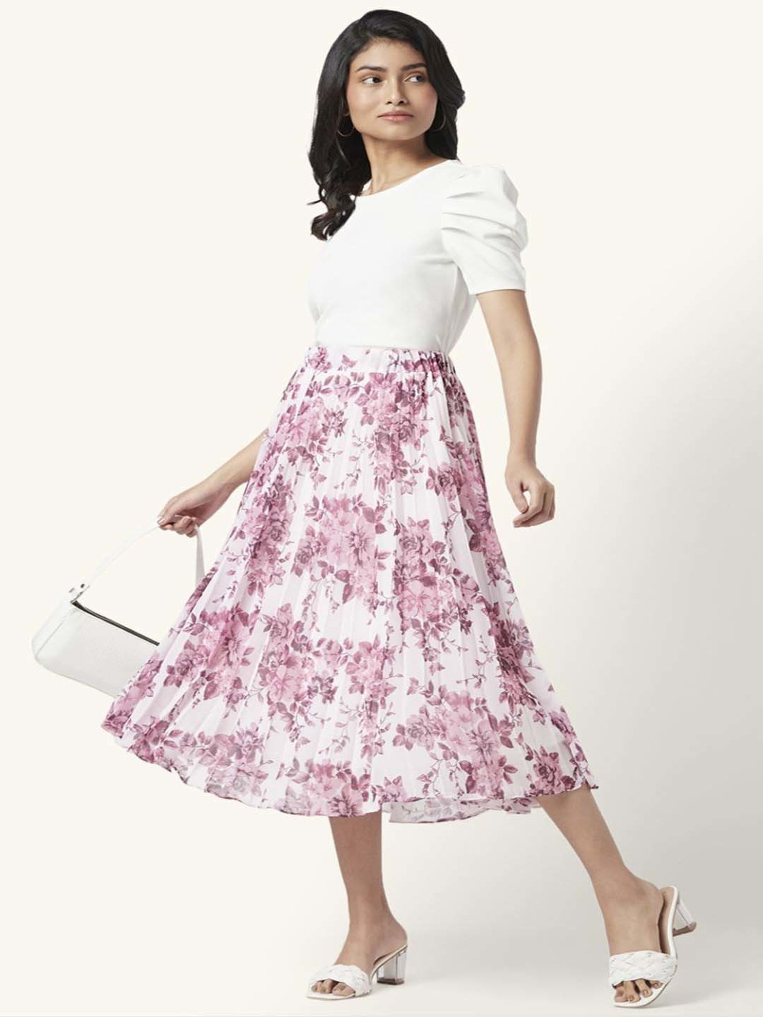 Honey by Pantaloons Off-White & Purple Floral Print A-Line Skirt
