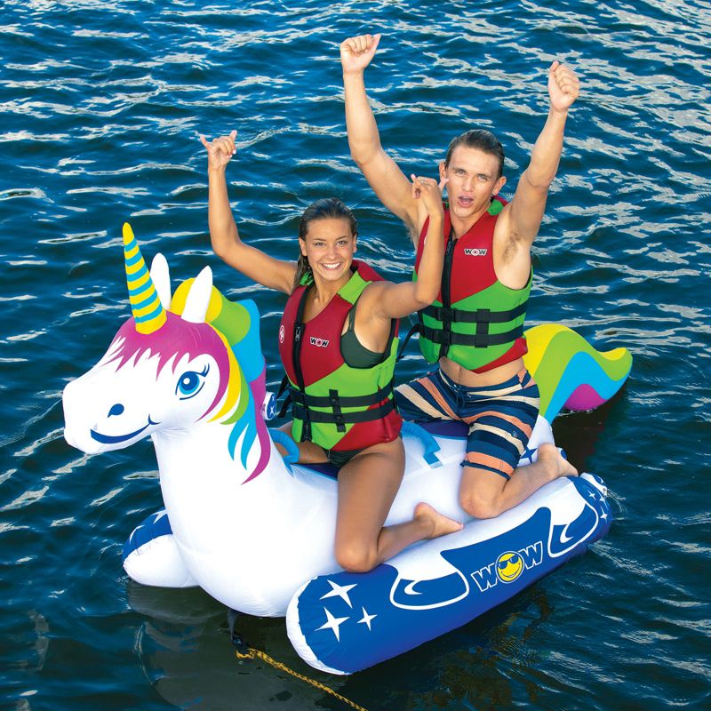 Wow Watersports Giant Rainbow Unicorn 2 Person Rider PVC Inflatable Pontoon Boating Ride On Lake Boat Towable Tube