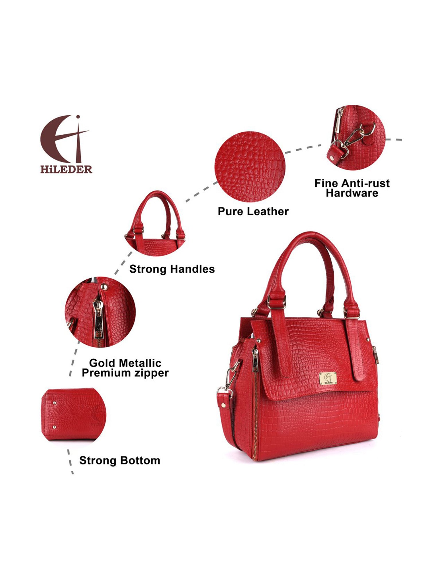 HiLEDER Red Textured Medium Handbag
