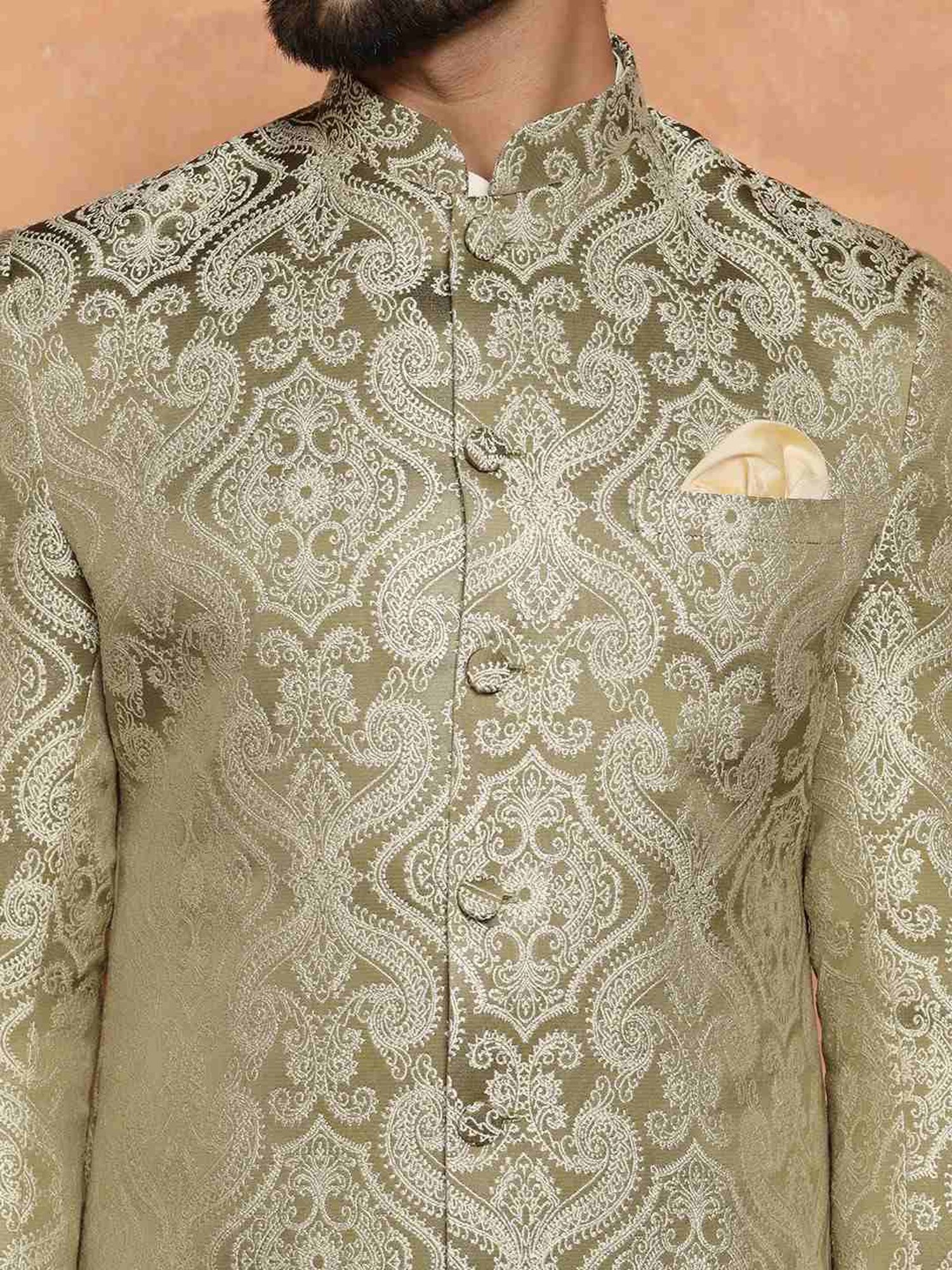 Kisah Beige & Green Regular Fit Jacquard Sherwani Set