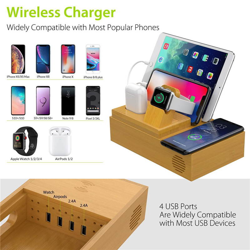 Bamboo 4 USB Ports Docking Station With Qi Wireless Charger Phone Holder Tablet Stand Watch Holder for Smart Phone Tablet Apple Watch Series