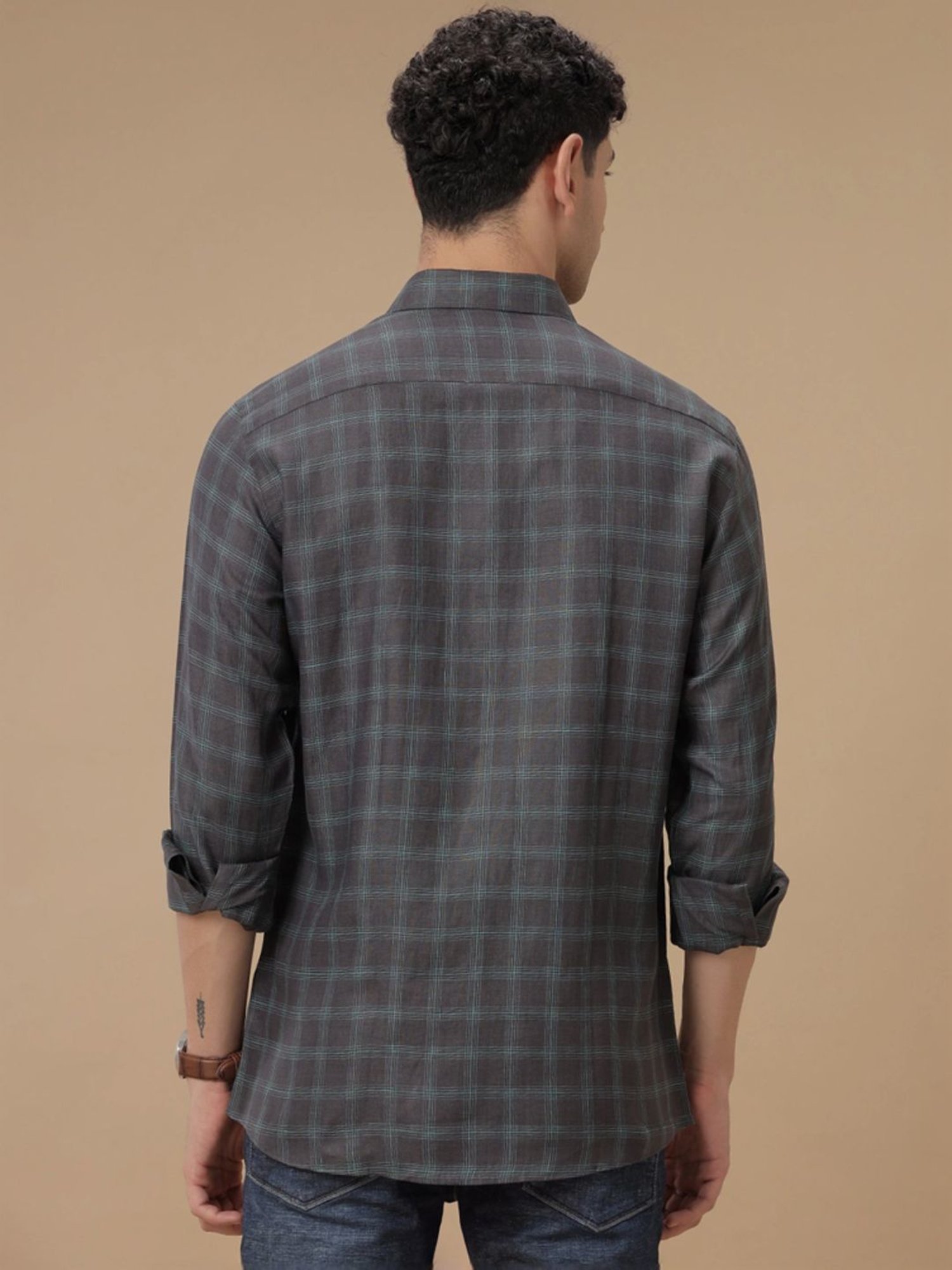 Linen Club Grey Linen Contemporary Fit Checks Shirt
