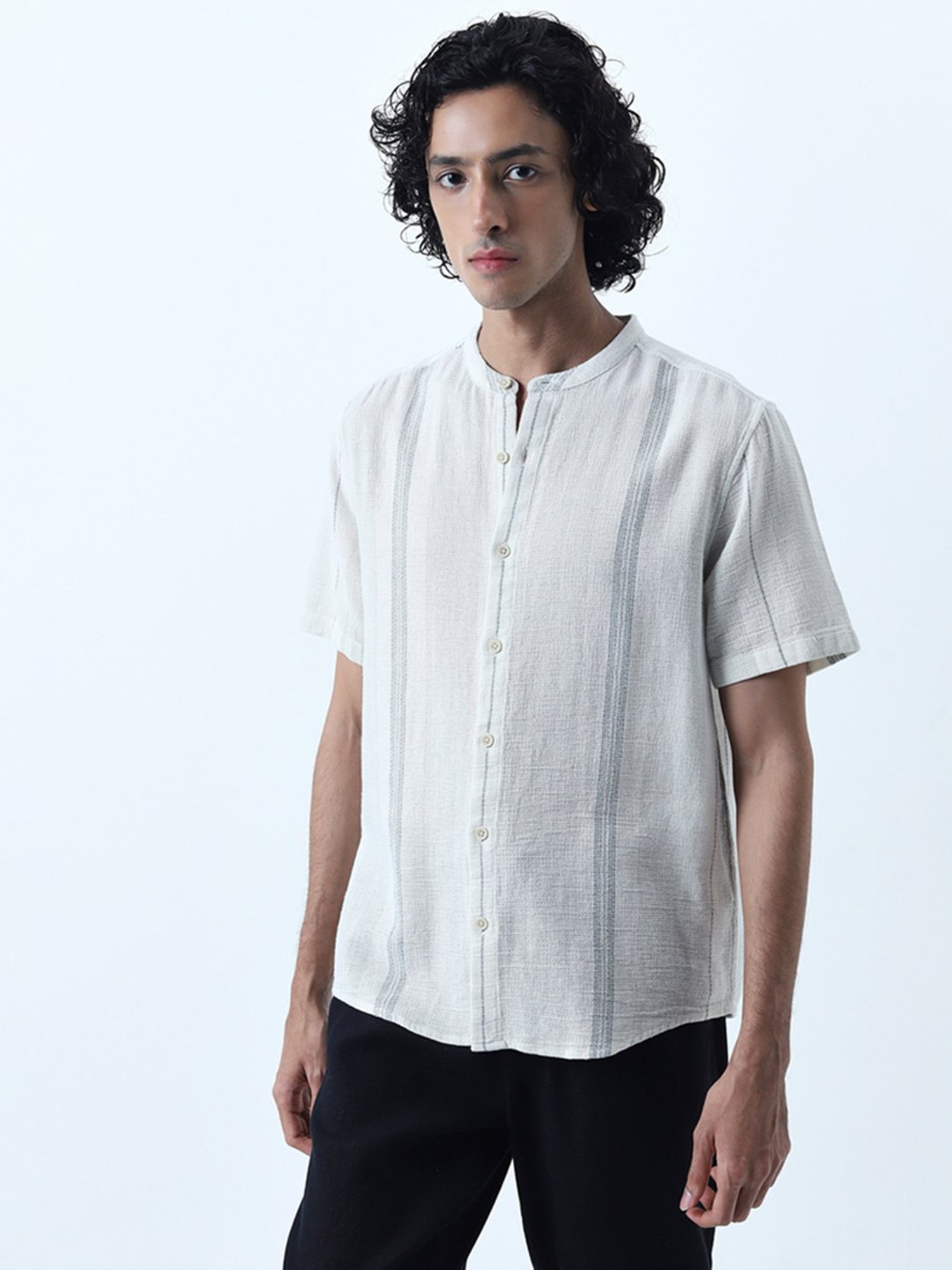 ETA by Westside Light Teal Striped Knitted Resort-Fit Cotton Shirt