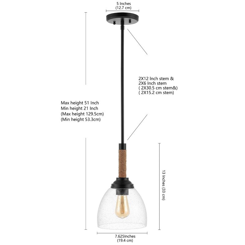 7.63" Adjustable Iron Alys Rope Wrap Modern Rustic LED Kitchen Pendant Black - Jonathan Y