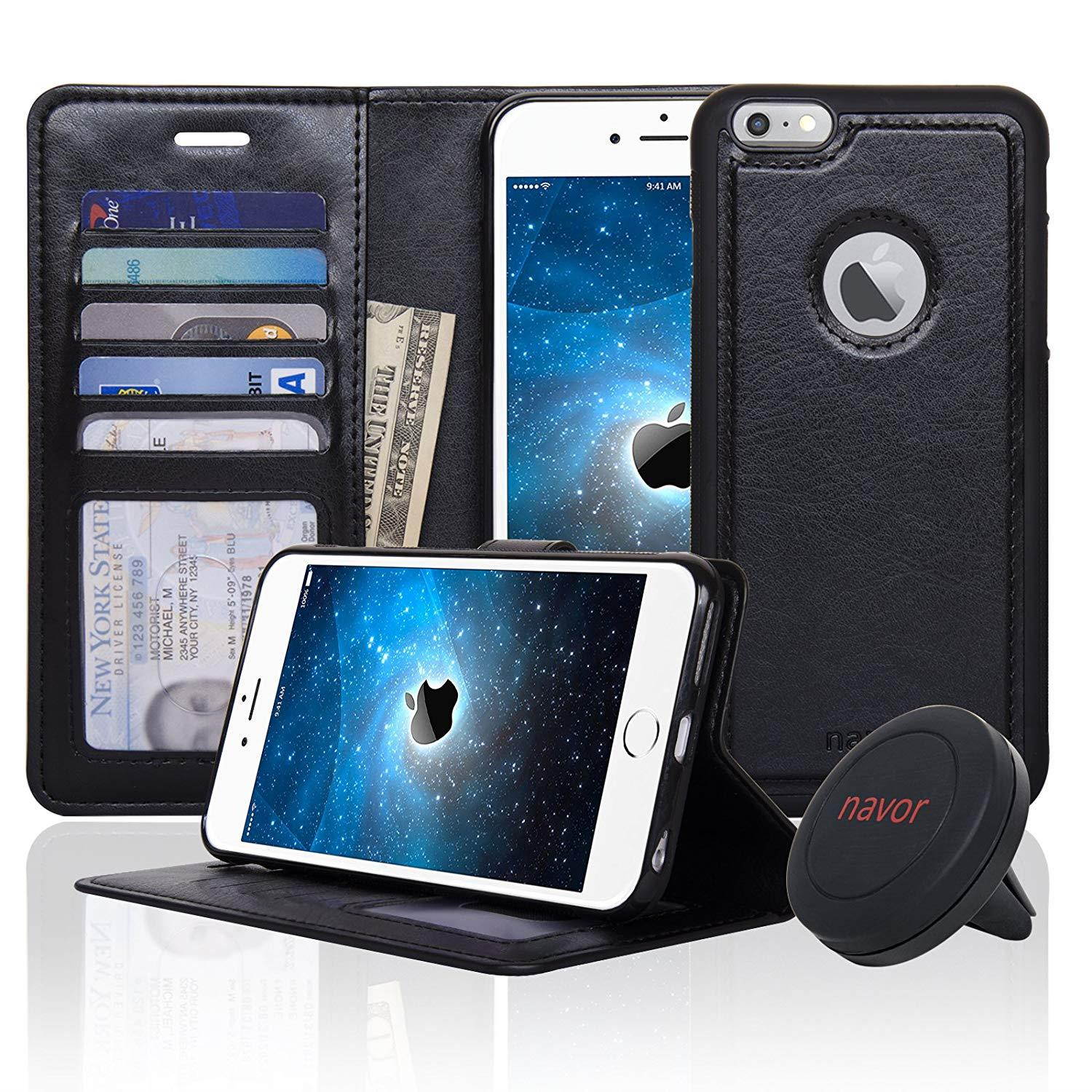 Navor Detachable Magnetic Wallet Case & Universal Car Mount Compatible for iPhone 6 Plus/ 6s Plus [RFID Theft Protection] JOOT-1L Series - Black