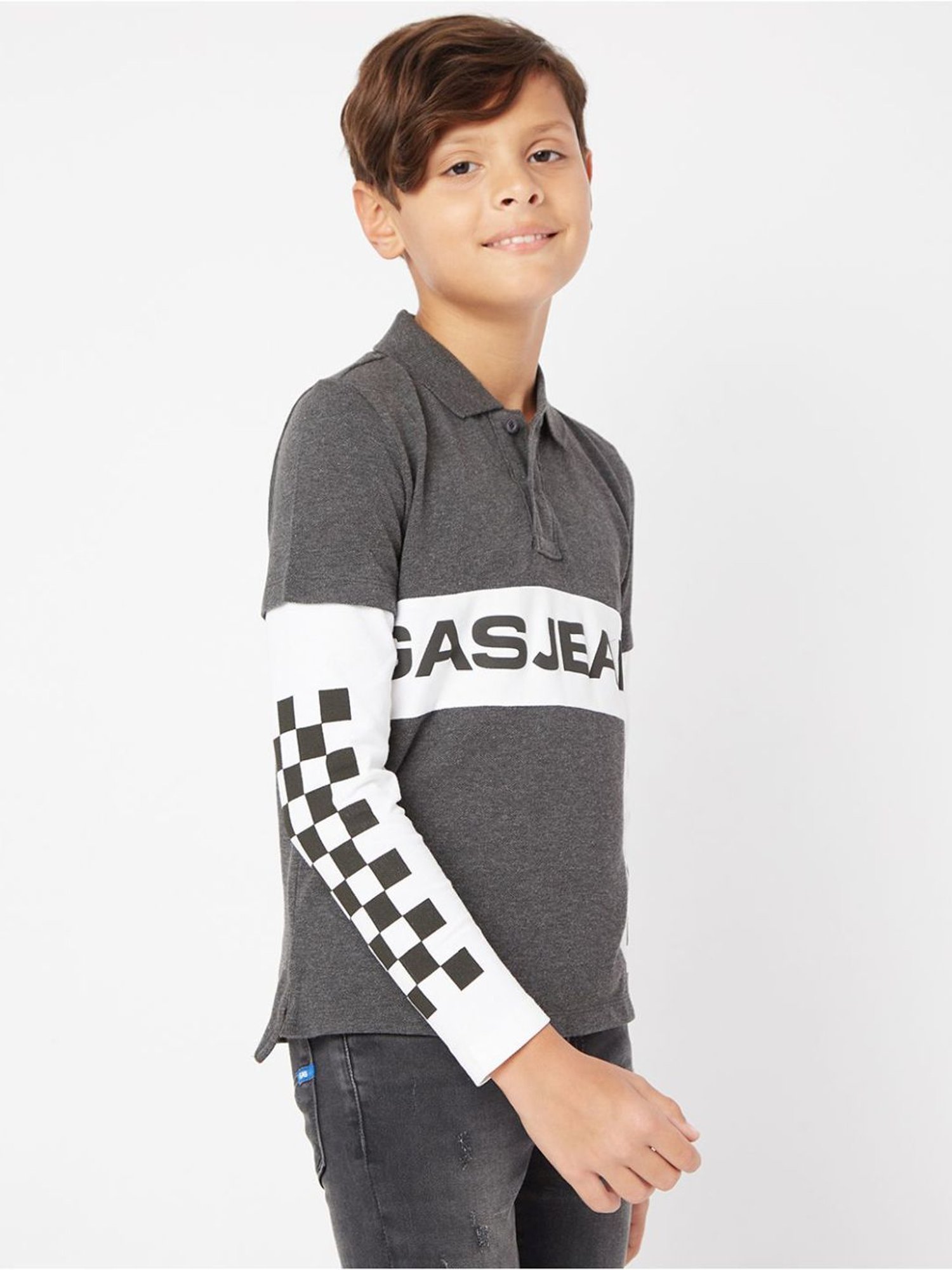 GAS Boys Grey & White Cotton Color Block Full Sleeves Polo T-Shirt