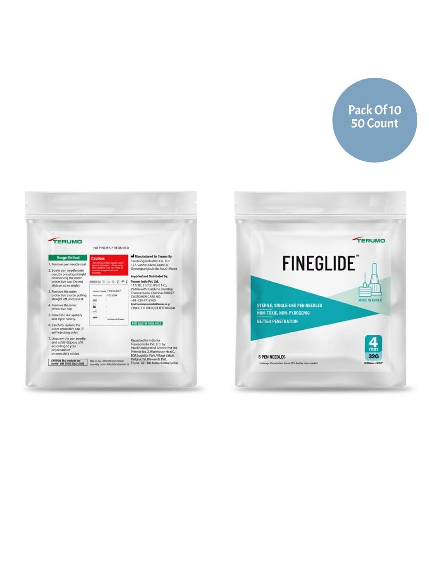 Terumo Fineglide Pen Needles 4mm & 32G, 50 Count Pack of 10 (Blue)